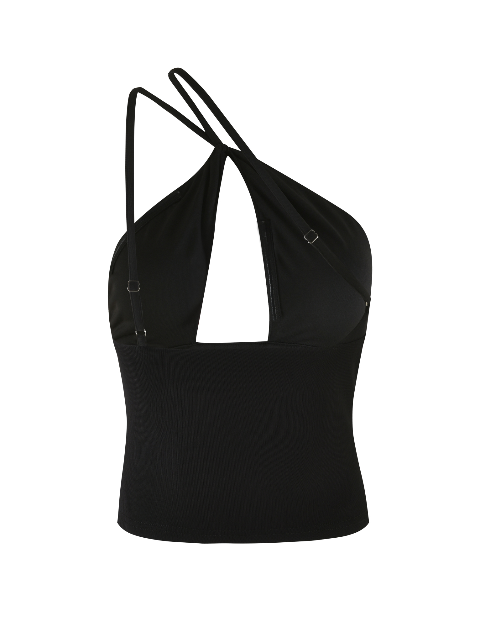 The ACADIA TOP by TIGERMIST is a black mesh bodycon top with thin adjustable straps that crisscross at the neck and shoulders, featuring a front keyhole cutout. Shown against a plain white background.