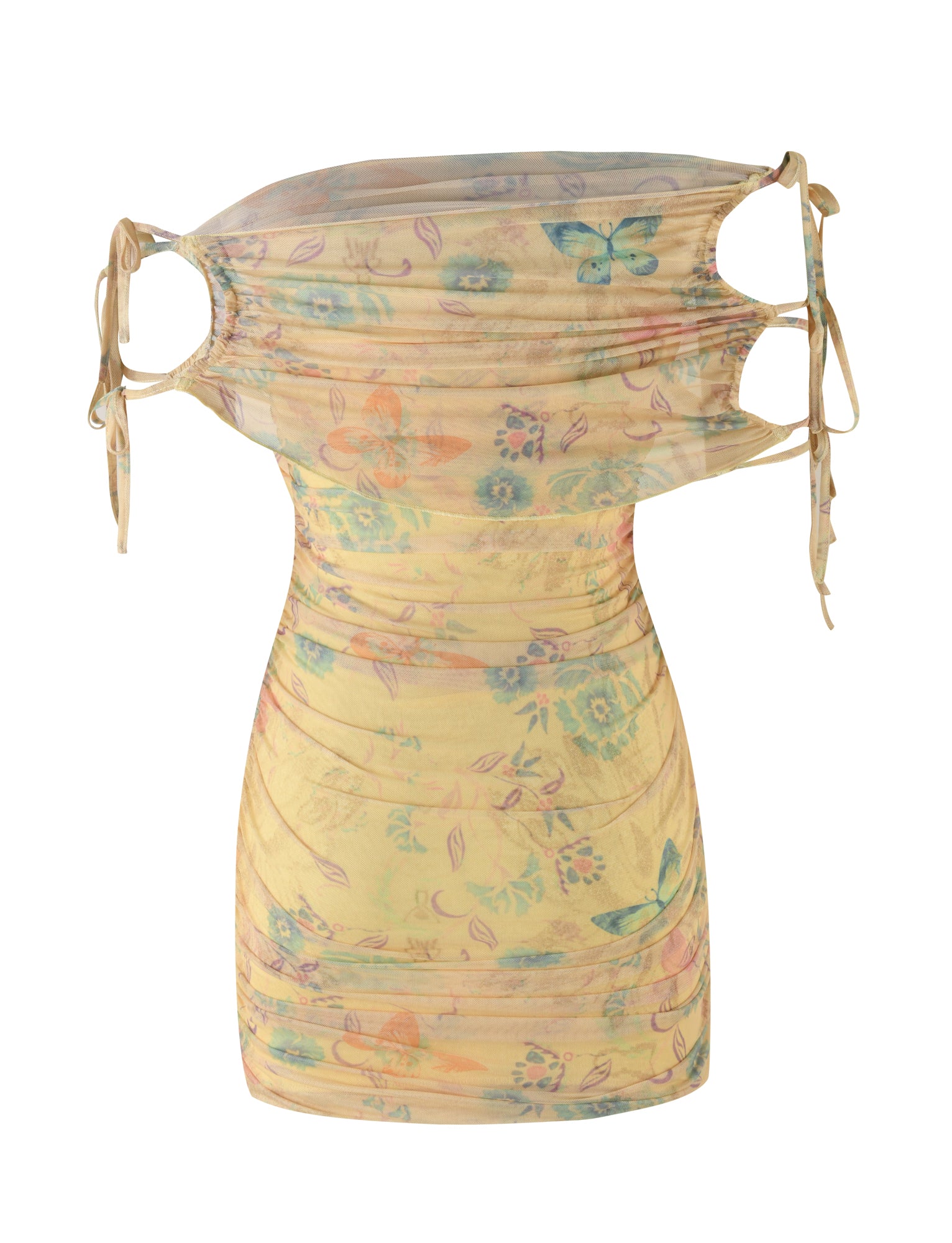 The KERR DRESS - YELLOW : DELICATE FLORAL by TIGERMIST is a light yellow off-shoulder mini dress adorned with floral and butterfly prints. It features ruched detailing and adjustable side tie strings around the shoulders, while its lightweight, semi-transparent mesh fabrication adds a delicate touch to this charming piece.