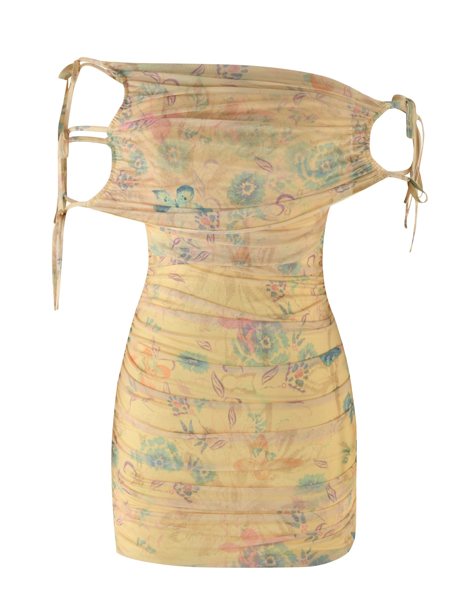 The KERR DRESS - YELLOW : DELICATE FLORAL by TIGERMIST is a sleeveless, off-one-shoulder mini dress with a ruched body and adjustable tie details. Crafted from delicate mesh fabrication, it features a pastel floral print in subdued tones of blue, green, and pink on a beige background. The upper part has gathered fabric through the ties.