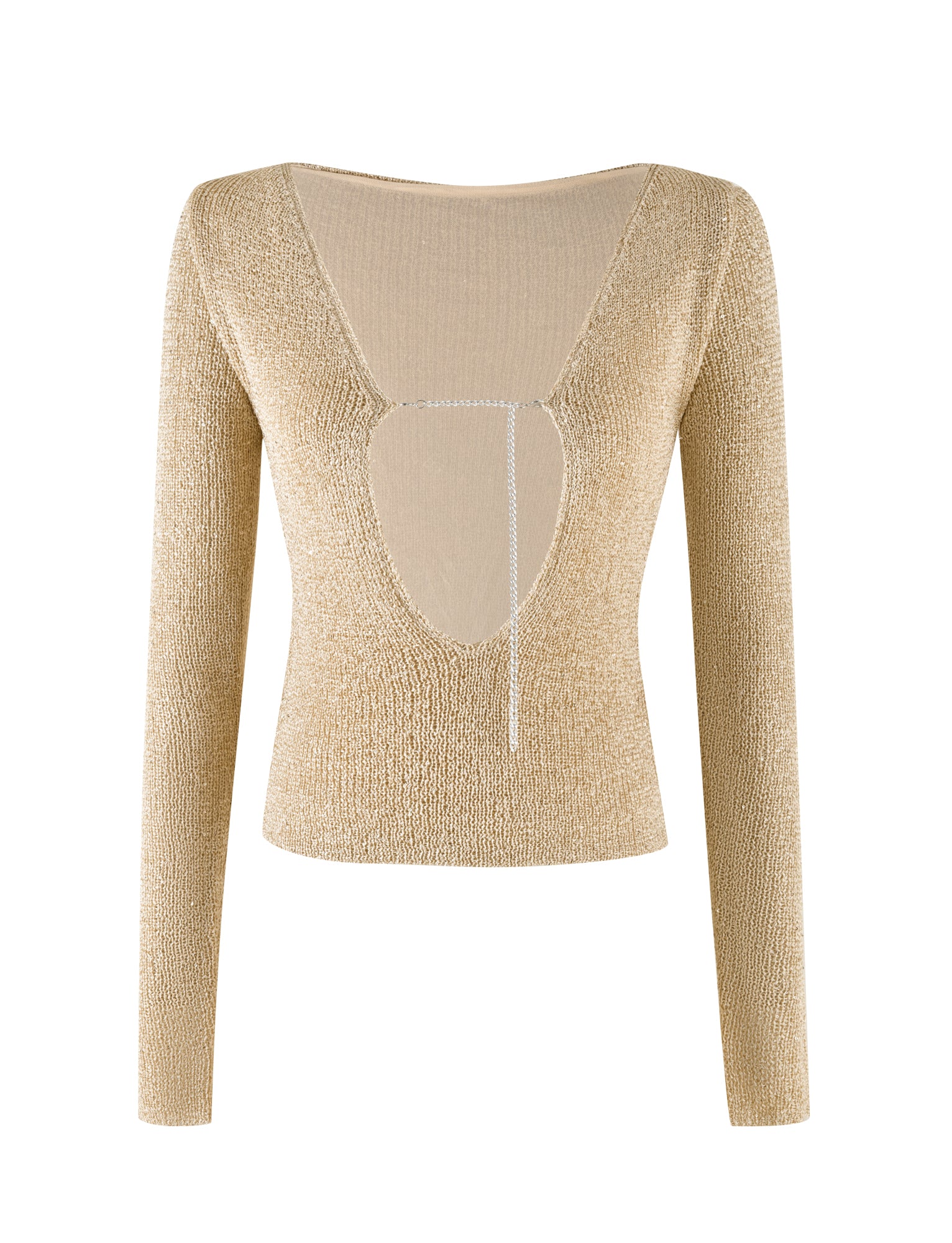 The CONNELL TOP - GOLD by TIGERMIST is a long-sleeved garment featuring a gold shimmer design with an open V-neck cutout. The cutout is adorned with a delicate chain accent that runs vertically down the middle. This top offers a fitted silhouette and showcases fabric that appears glittery and textured with subtle sequin details.