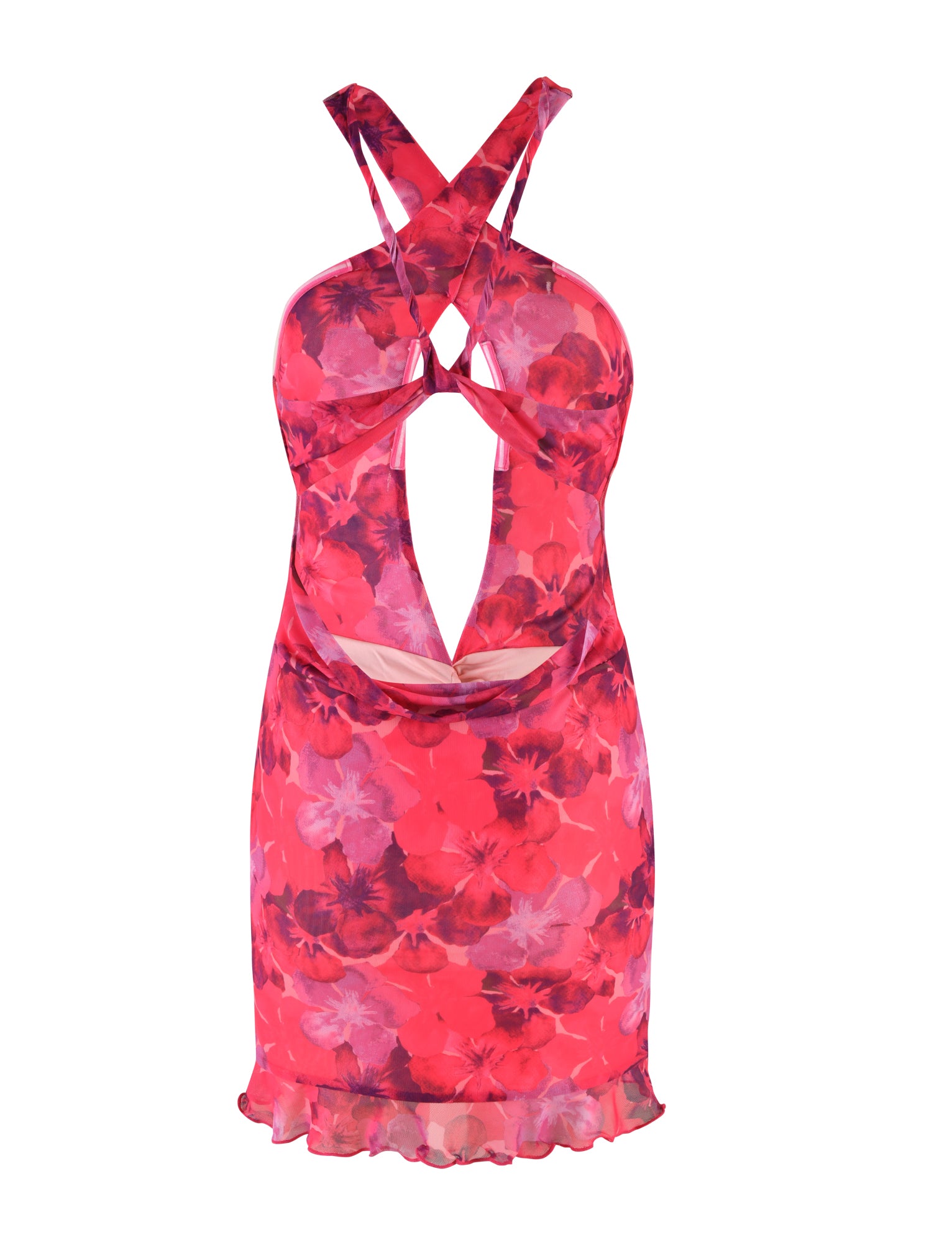 The KRUZE MINI DRESS - PINK : HIBISCUS by TIGERMIST is a sleeveless, backless pink floral dress adorned with purple patterns. It boasts two crisscross straps on the back and a keyhole cutout design, along with a short, ruffled hemline and bodycon fit for high stretch comfort.