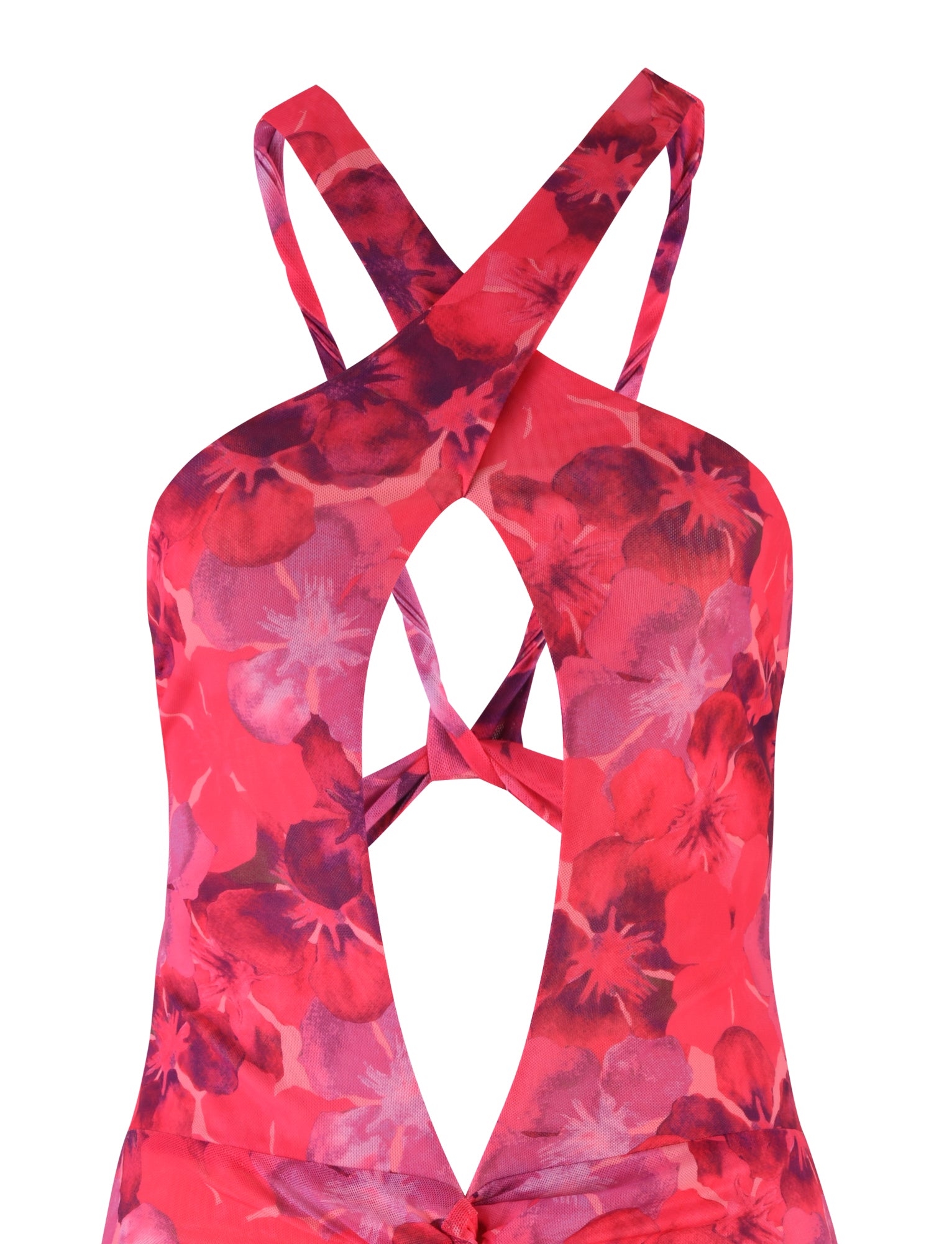 Close-up of the KRUZE MINI DRESS - PINK : HIBISCUS by TIGERMIST, a sleeveless pink floral dress in shades of pink, red, and purple. The design features crisscross straps at the back and a keyhole cutout just below the neckline, emphasizing the vibrant flower pattern. The high-stretch fabric ensures a bodycon fit that enhances your silhouette.