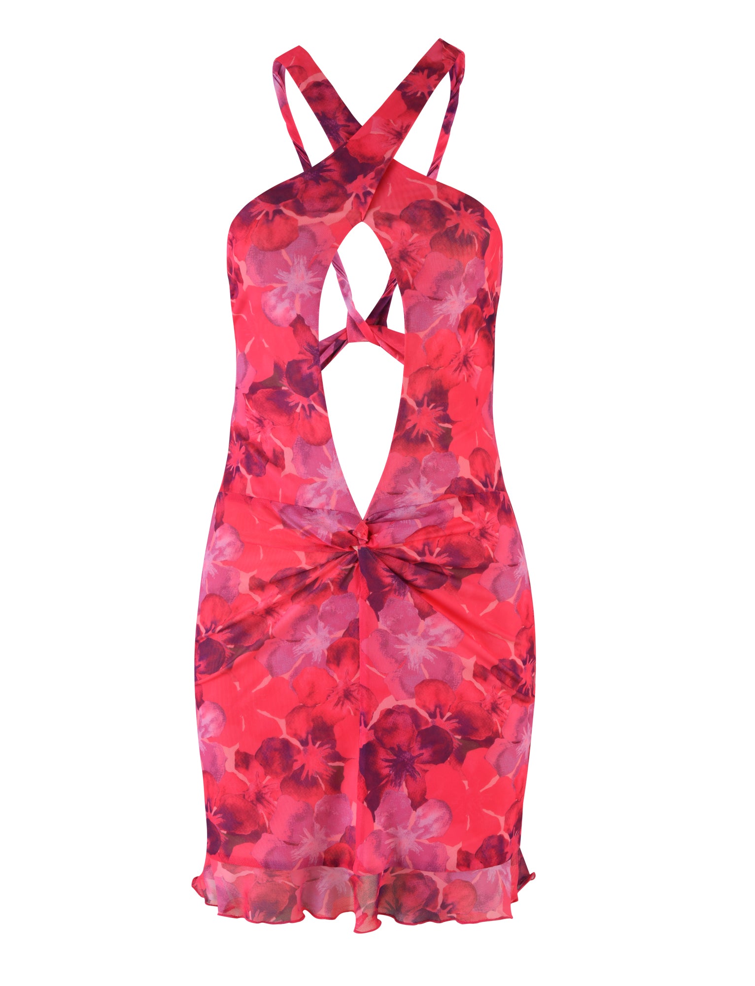 Introducing the KRUZE MINI DRESS - PINK : HIBISCUS by TIGERMIST, a sleeveless, knee-length pink floral dress adorned with a vibrant red and pink pattern. It features stylish criss-cross straps and an eye-catching large keyhole cutout at the front. The subtle ruffles at the hem add a touch of elegance to its bold design, while the high-stretch material ensures a comfortable yet flattering bodycon fit.