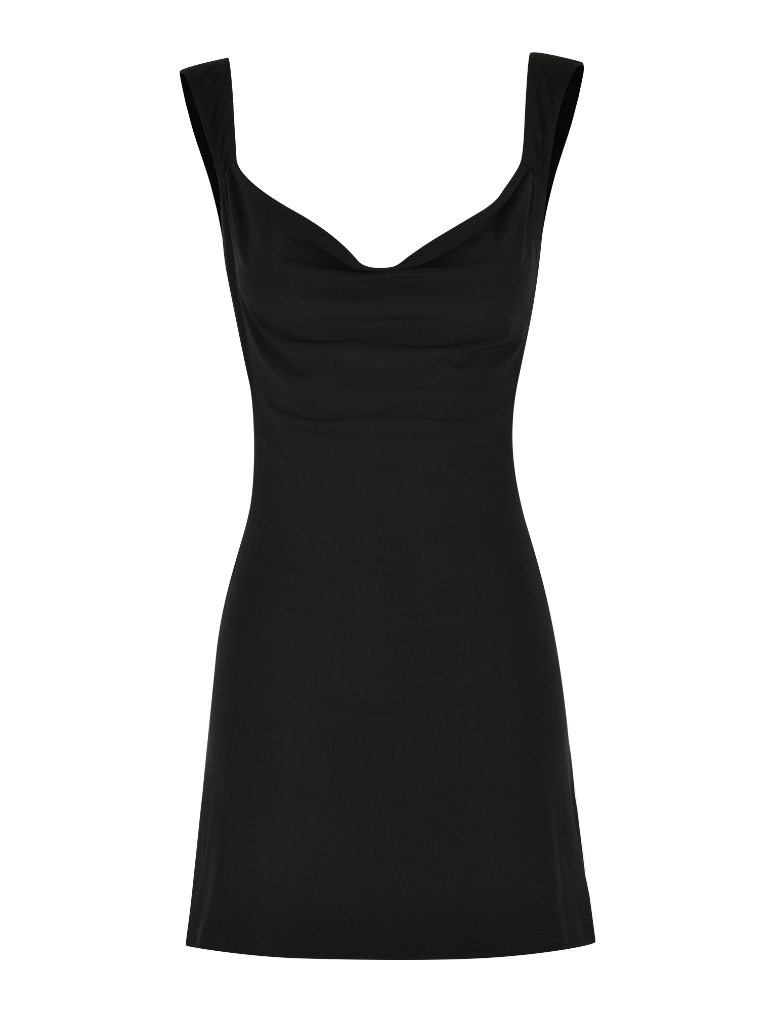 The TIGERMIST ZITA MINI DRESS - BLACK is a sleeveless, fitted mini dress with a cowl neckline and short hem, shown against a plain white background.