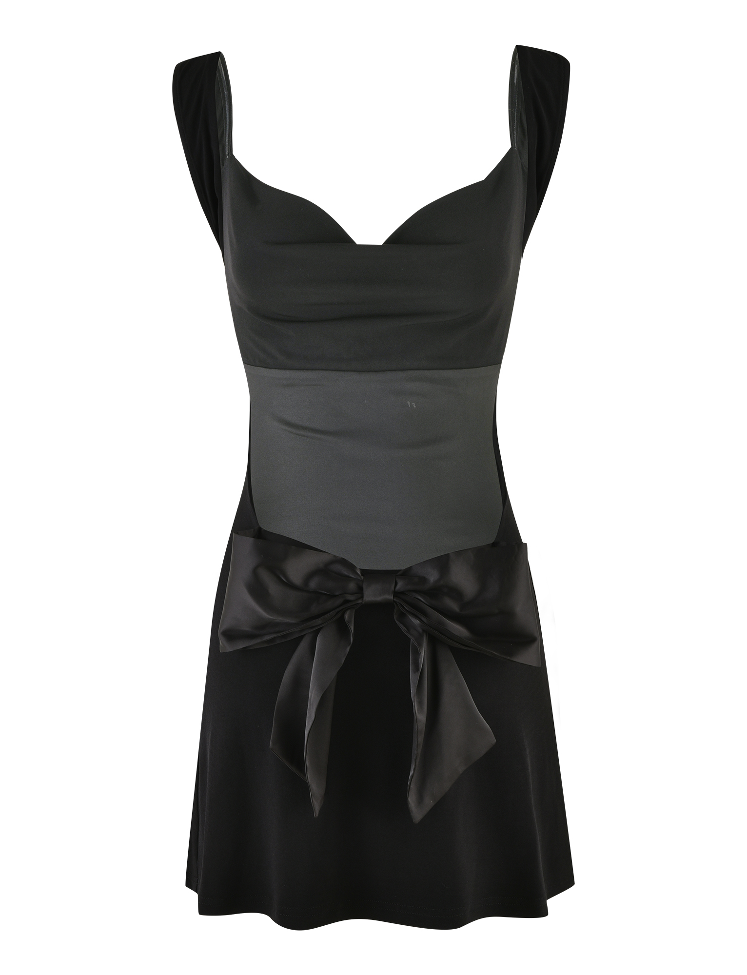 The TIGERMIST ZITA MINI DRESS - BLACK is a sleeveless mini dress featuring wide straps, a fitted bodice, large satin waist bow, shimmering A-line silhouette, and chic flared skirt.