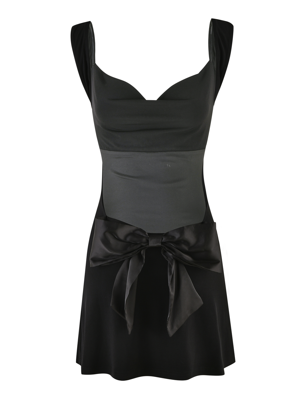 The TIGERMIST ZITA MINI DRESS - BLACK is a sleeveless mini dress featuring wide straps, a fitted bodice, large satin waist bow, shimmering A-line silhouette, and chic flared skirt.