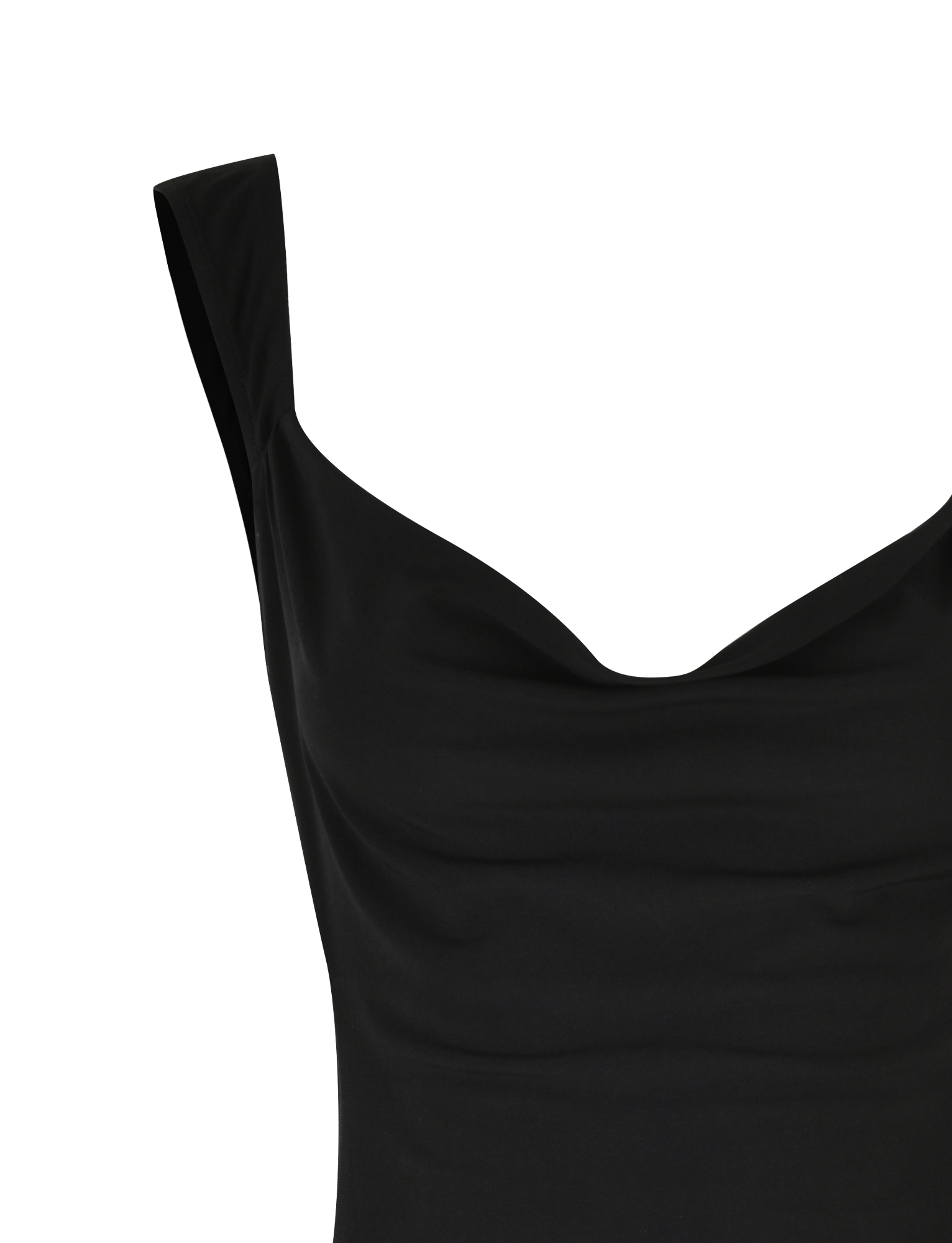 A close-up of the upper ZITA MINI DRESS - BLACK by TIGERMIST, a sleeveless mini dress featuring a draped neckline and subtle A-line silhouette, displayed against a white background.