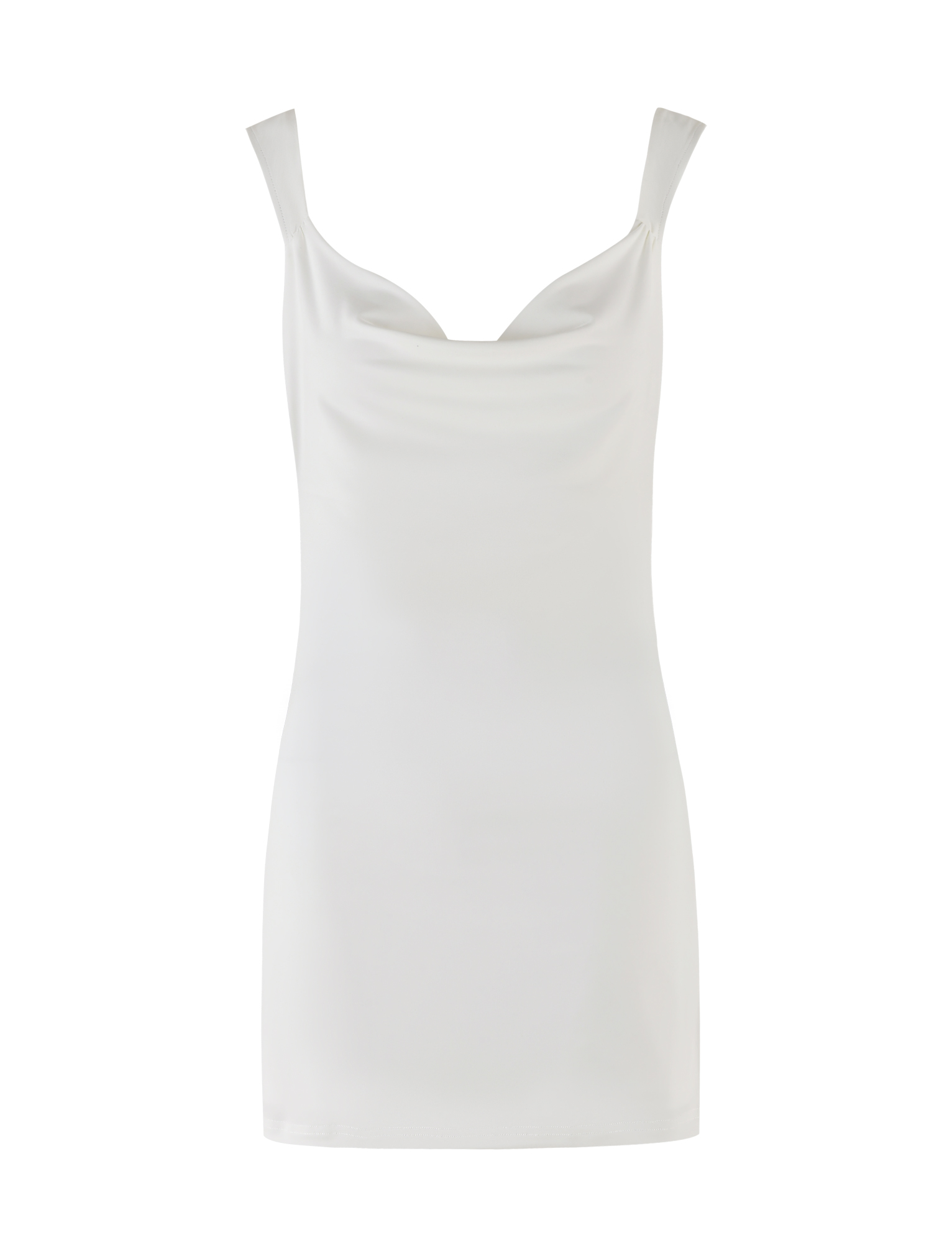 The ZITA MINI DRESS by TIGERMIST is a sleeveless white mini dress featuring a scoop cowl neck and straight, fitted silhouette, shown on a plain white background.