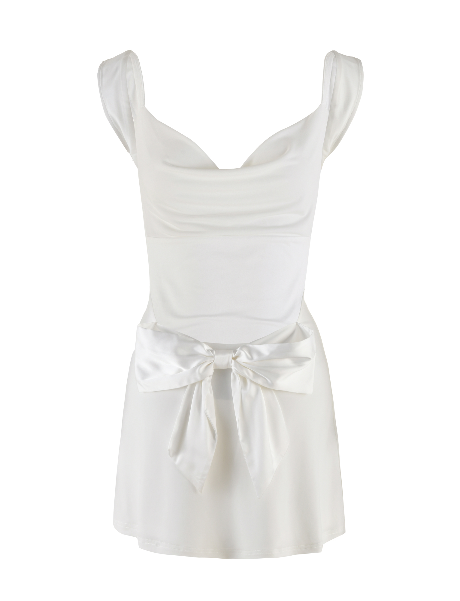 The TIGERMIST ZITA MINI DRESS in white features a sleeveless design, sweetheart neckline, large satin waist bow, and a flattering A-line silhouette.