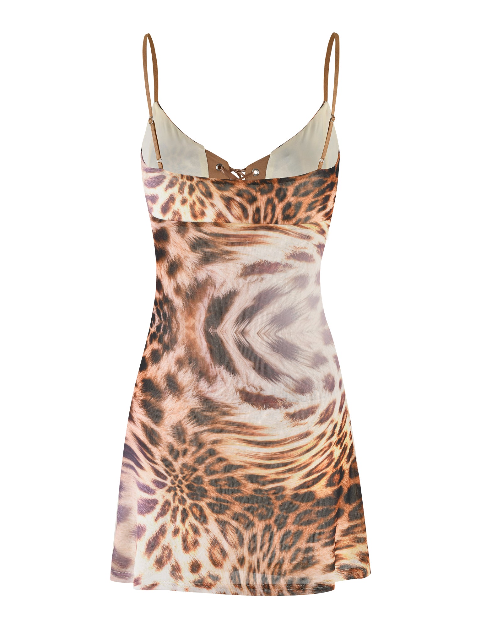 Introducing the KALILAH MINI DRESS - NEUTRAL: LEOPARD HAZE by TIGERMIST. This figure-hugging, sleeveless mini dress features adjustable spaghetti straps and a dynamic warped leopard print in shades of brown, beige, and black. The front neckline is enhanced with a small lace-up detail, adding an extra touch of style to this captivating piece.