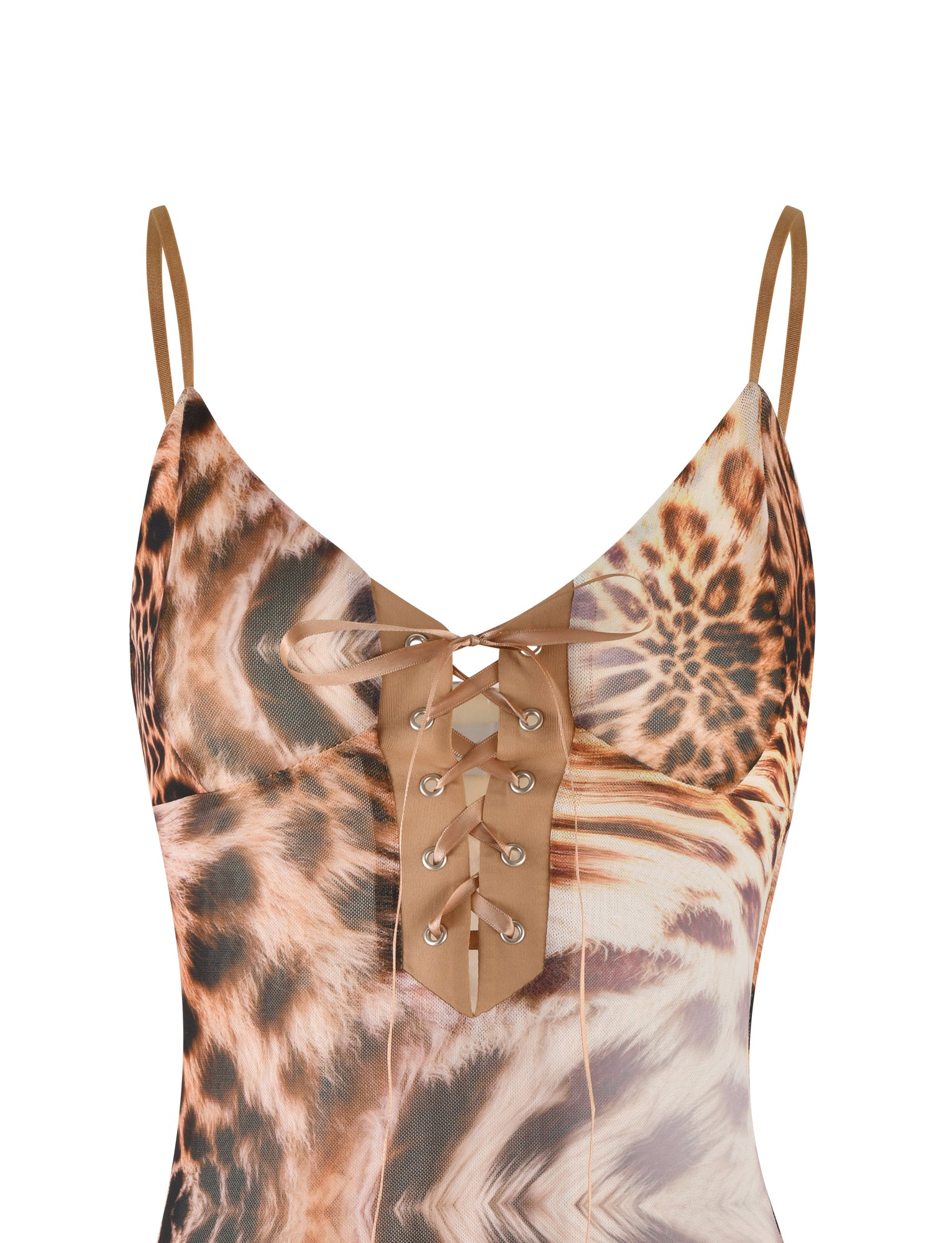 A close-up of the KALILAH MINI DRESS - NEUTRAL: LEOPARD HAZE by TIGERMIST, featuring a warped leopard print design and a front lace-up detail with beige laces threaded through eyelets. The dress has adjustable spaghetti straps, a V-neckline, and the print consists of various shades of brown and black.