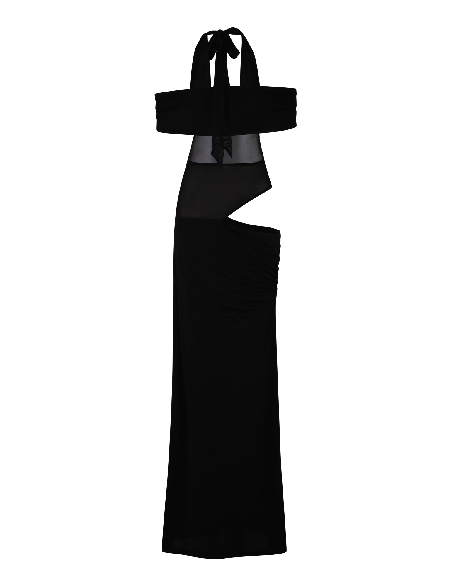 The EMBERLAIN DRESS - BLACK by TIGERMIST is a stunning black evening gown that showcases a sophisticated halter neck and an open back. It features a unique asymmetrical cutout on the left side that elegantly highlights the waist, complemented by an elegant mesh panel. Flowing down to a long, maxi-length skirt, the dress ties at the back for a refined finish.