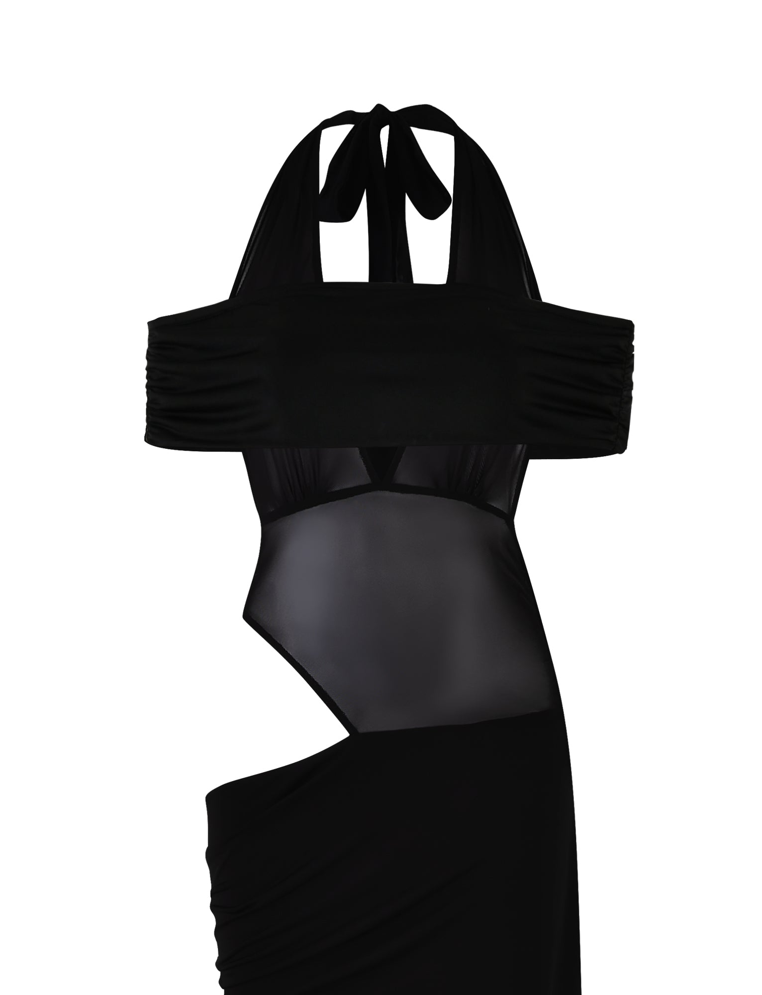 Introducing the EMBERLAIN DRESS - BLACK by TIGERMIST: A stunning black, sleeveless halter neck dress with a cutout design and maxi length. This elegant piece features a bandeau-style top with wide straps and an eye-catching asymmetrical sheer mesh panel around the midsection that seamlessly flows into the full-length skirt. For added texture, the fabric is ruched in select sections.