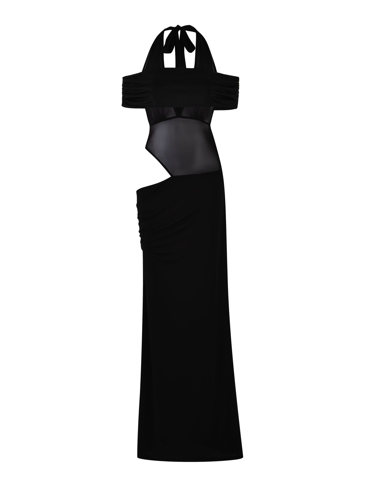 The EMBERLAIN DRESS - BLACK by TIGERMIST is a sleek, black evening gown featuring a halter neck and a daring cut-out design. The bodice boasts horizontal straps and a mesh panel, while the lower section showcases asymmetrical draping for a bold and sophisticated appearance. This fitted maxi-length dress ensures you make an unforgettable entrance.