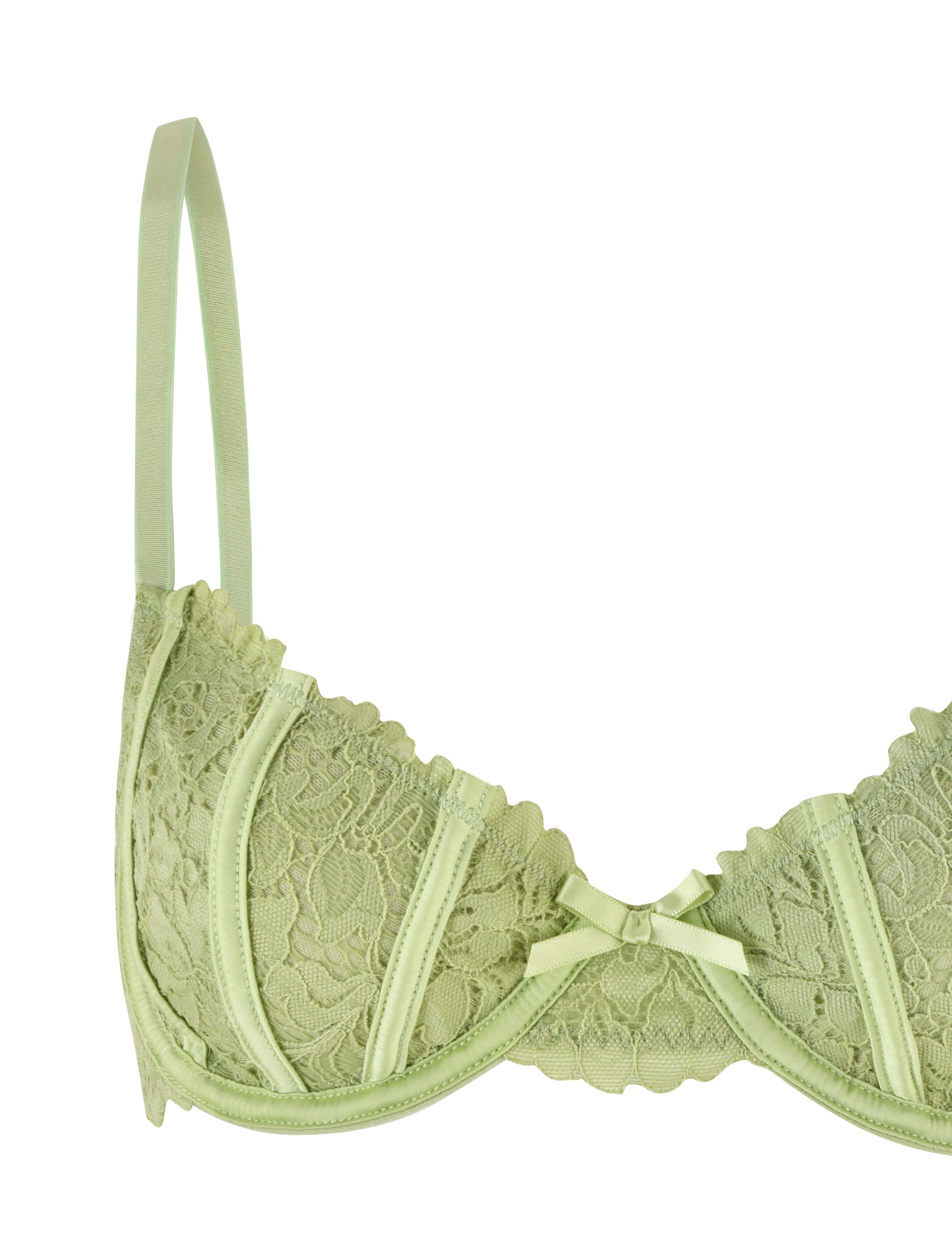 Introducing the ROSALYN SET - GREEN by TIGERMIST. This light green lace bra features high stretch fabric and underwire support for ultimate comfort. The adjustable straps ensure a perfect fit, while delicate floral lace patterns and a small bow between the cups add an elegant touch. Complete the look with the matching bra and g-string set.
