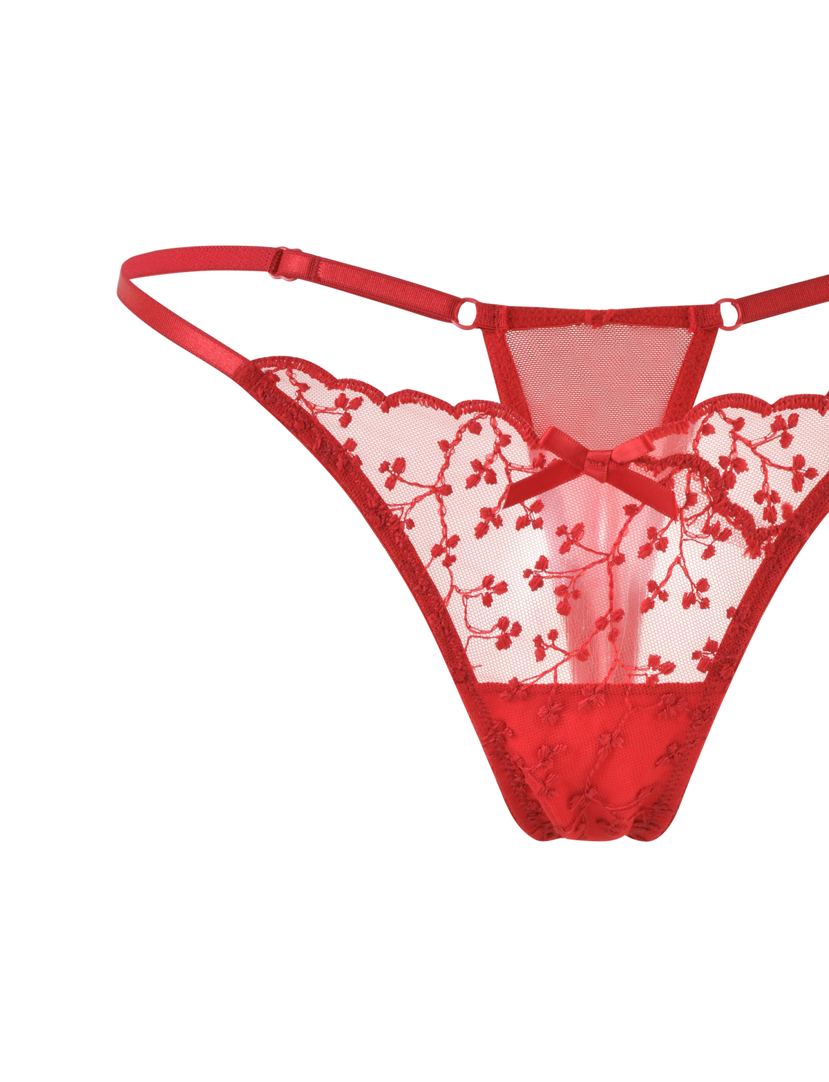 The TALIYAH SET - RED by TIGERMIST features a sheer red lace thong with floral embroidery, a satin front bow, and thin elastic side straps—ideal for pairing with your favorite red lingerie.