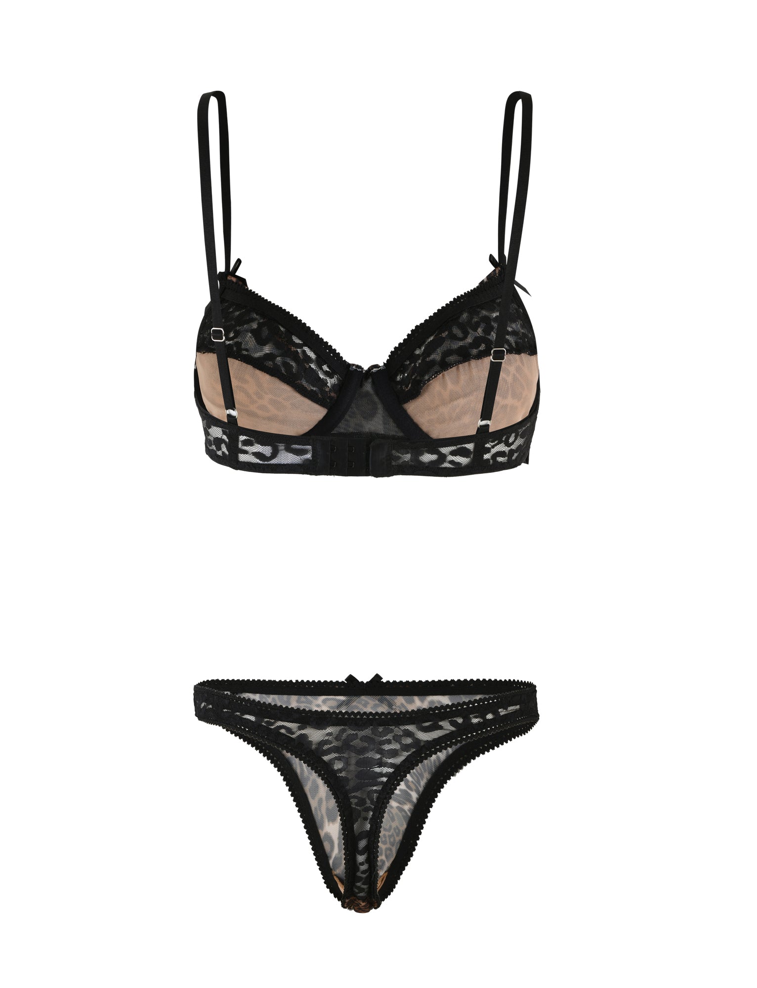 The ALANIS SET - NEUTRAL: LEOPARD from TIGERMIST is a stunning black lingerie set featuring a captivating leopard print design. This mesh and lace ensemble includes an alluring, lace-trimmed bra with adjustable straps and a matching g-string. The bra provides underwire support and has a back clasp closure, while the g-string features a sheer, lace-trimmed waistband.
