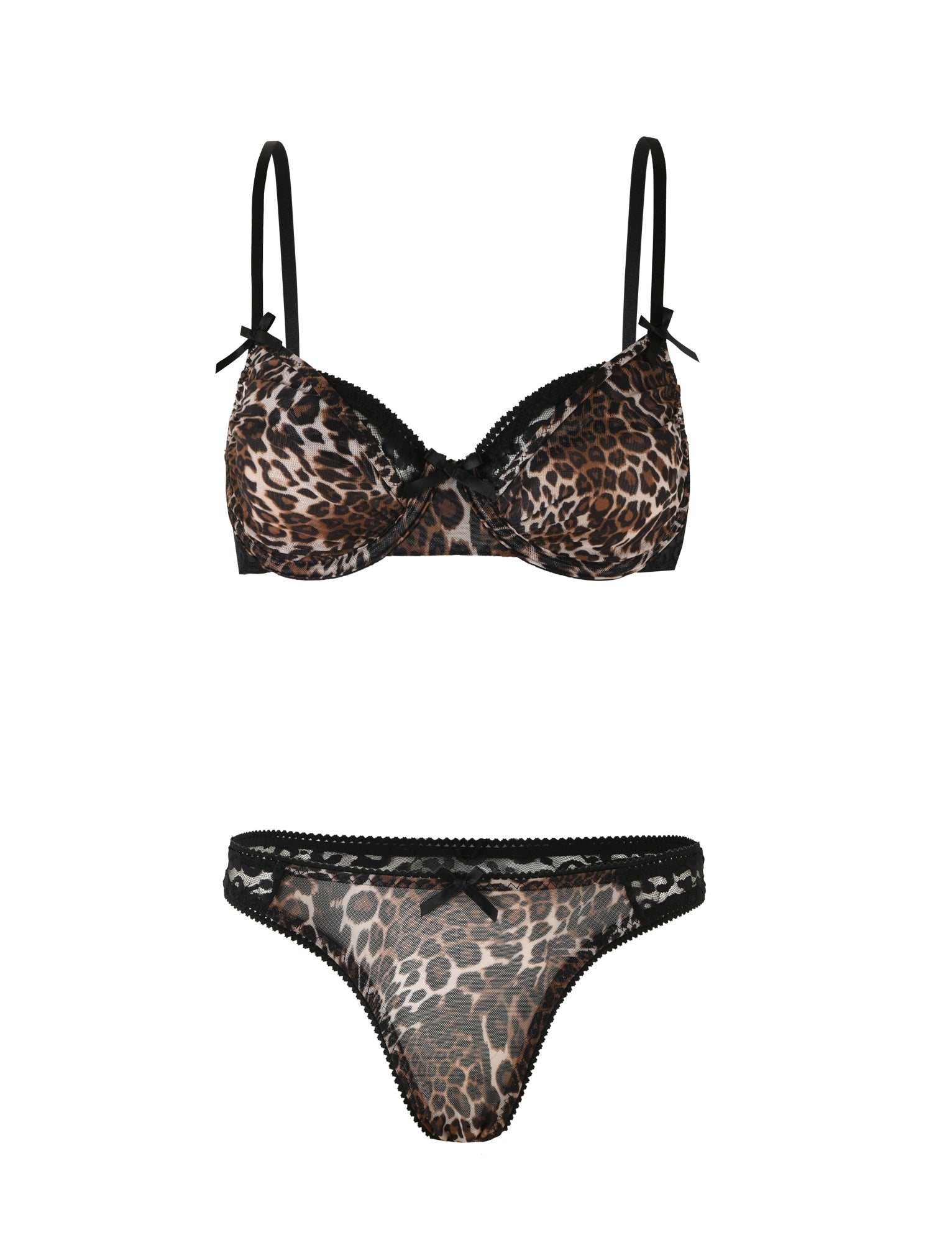 The ALANIS SET - NEUTRAL : LEOPARD by TIGERMIST is a leopard print lingerie set that includes a leopard print bra and matching g-string. The bra features thin black straps adorned with small black bows at the base of each strap, while the panties are designed with black trim and a small bow at the center front.
