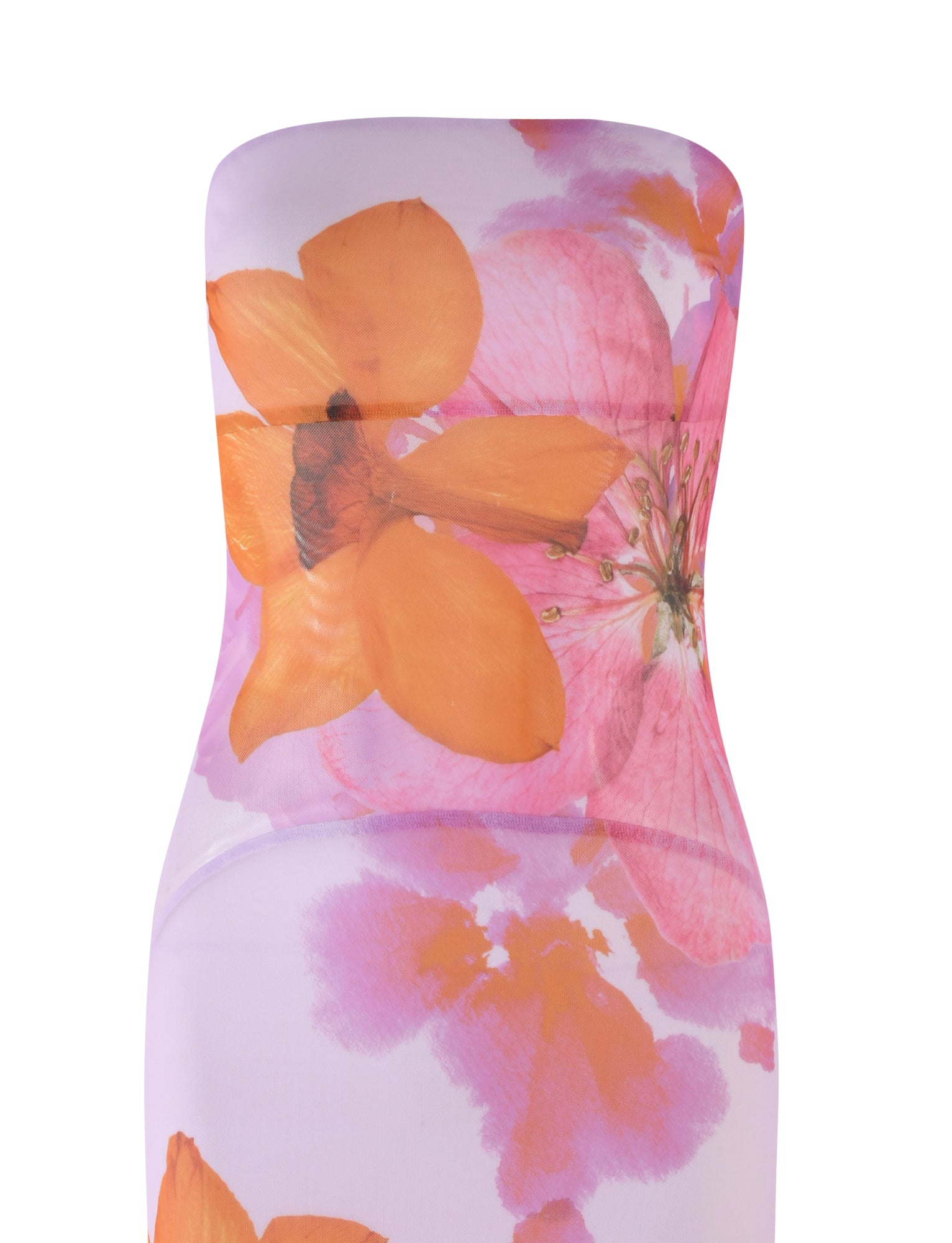 The TIGERMIST Morgan Dress - Pink : By Poppy Summer features a stunning orange and pink floral print, combining the allure of a strapless bodycon dress with elegant, breezy charm.