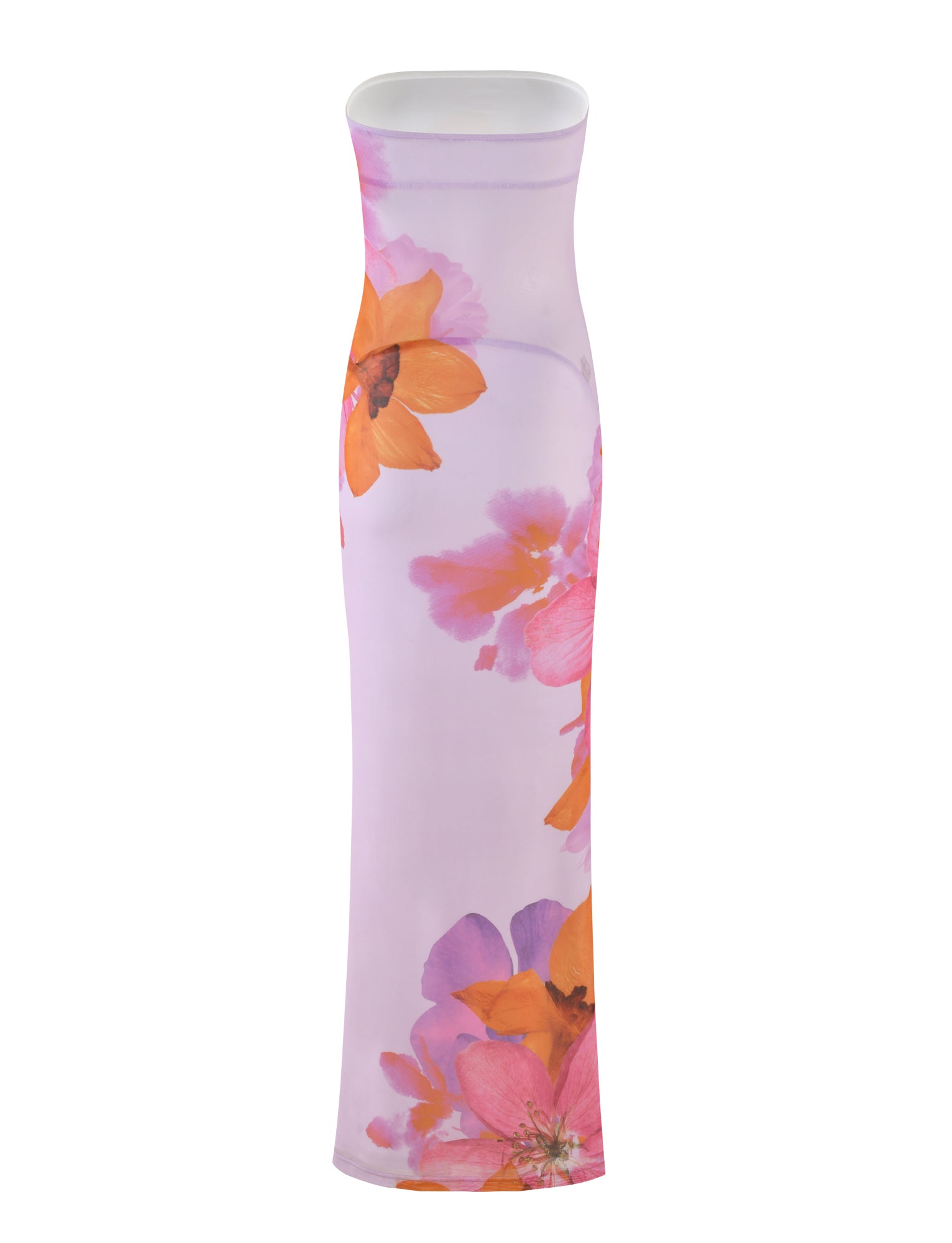 The Morgan Dress from Tigermist's By Poppy Summer collection is a strapless bodycon dress featuring a vibrant floral print on a pink background. The design showcases large, colorful flowers in shades of orange, pink, and purple, creating an eye-catching and elegant look.