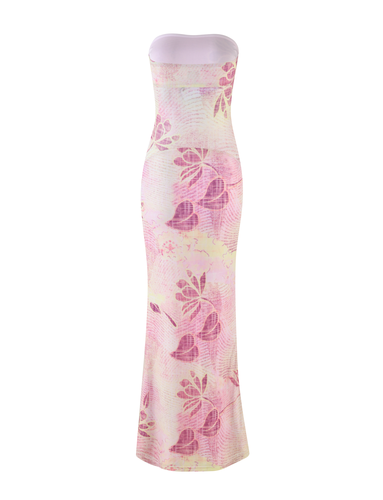 The TIGERMIST MORGAN MESH DRESS - GRUNGE FLORAL MAGENTA features a strapless, form-fitting maxi silhouette in soft white mesh with an elegant magenta floral print and sheer accents for graceful movement.
