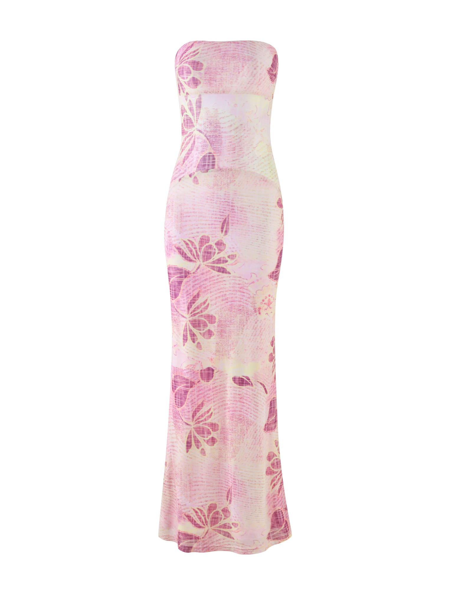 The TIGERMIST MORGAN MESH DRESS in Grunge Floral Magenta features a strapless neckline and pink floral print with light purple accents on a soft background.