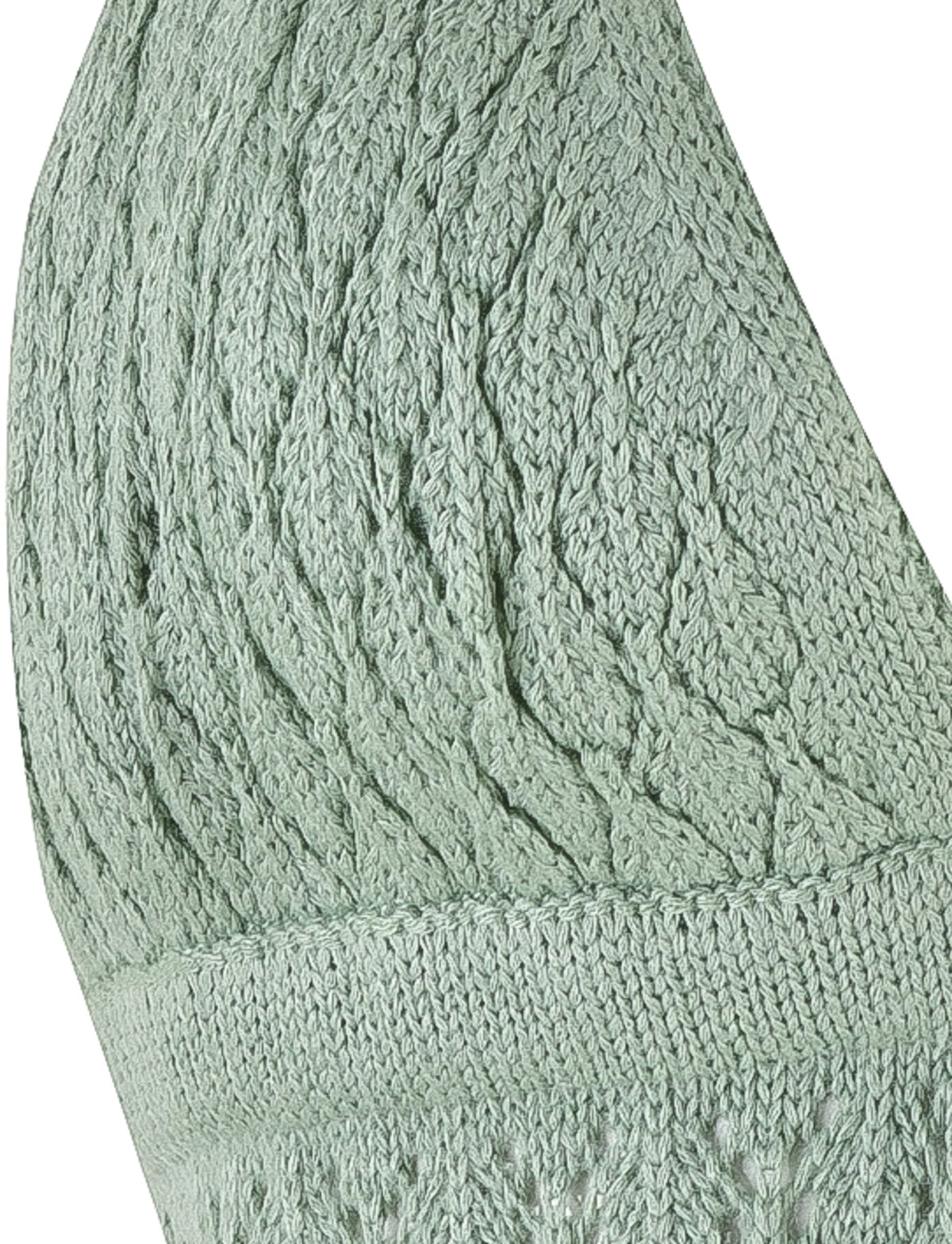 Close-up of the TIGERMIST COLLINA TOP - GREEN, showcasing its decorative, textured pattern with interwoven stitches. The image highlights intricate detailing and a soft, cozy appearance with high-stretch fabric, focusing on the top section of the garment.