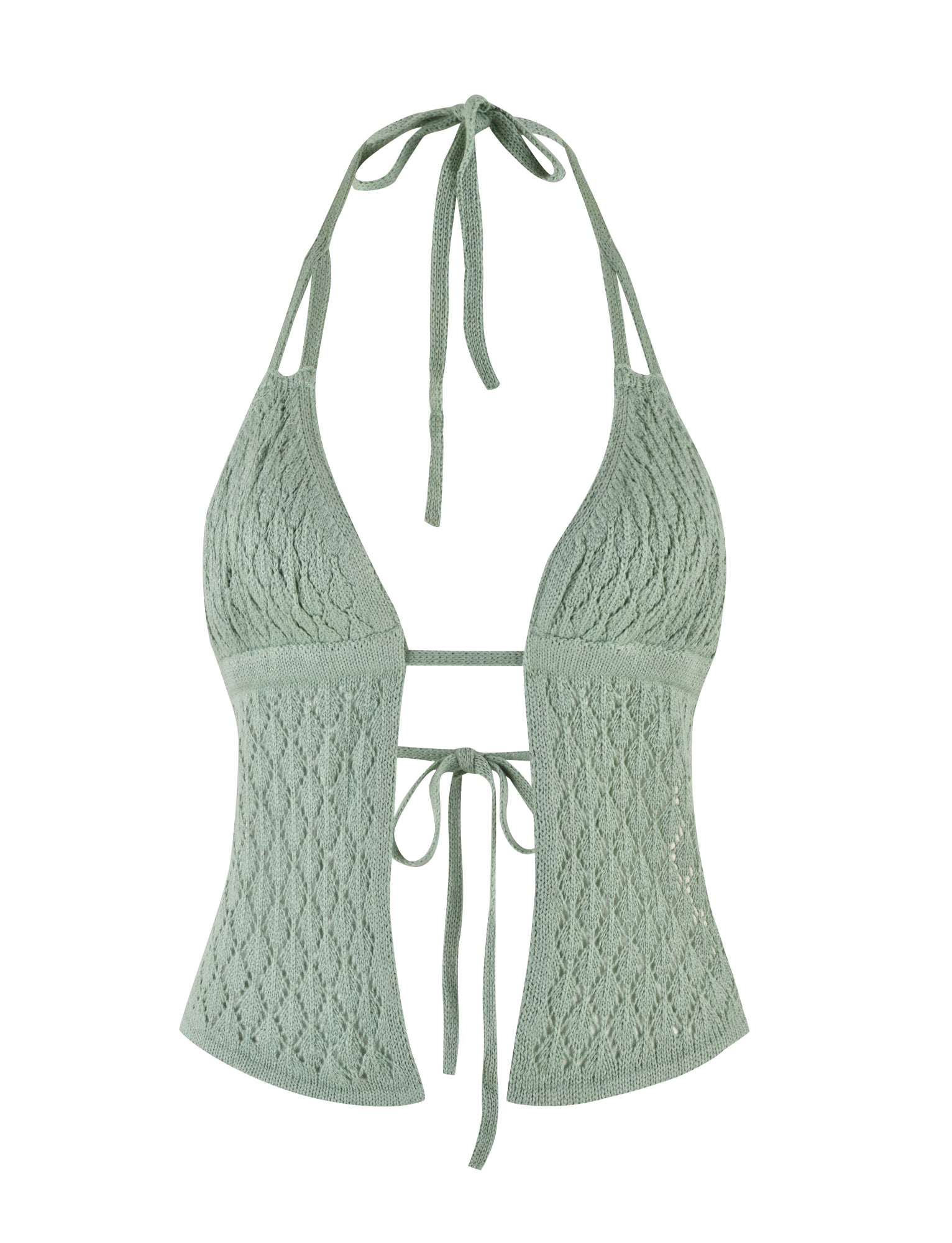 The COLLINA TOP - GREEN by TIGERMIST is a light green crochet top that features functional halter ties at the neck and back, with intricate knit patterns throughout. The design includes a slightly flared bottom hem and an open front tied together at the bust, creating a stylish and breezy look.