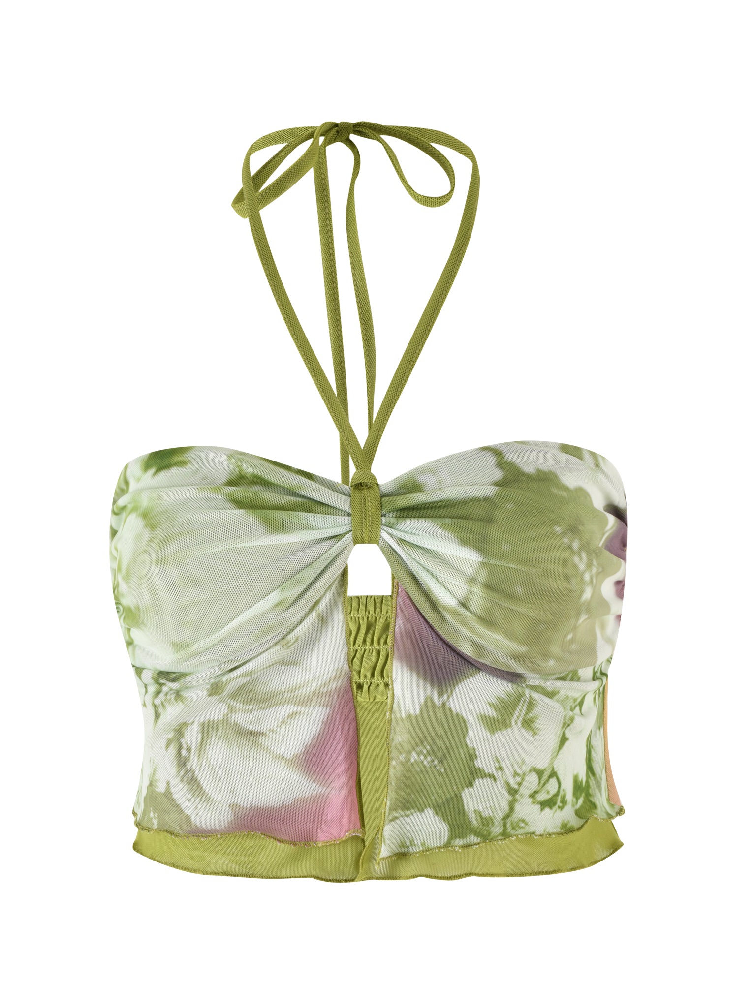 Introducing the WAVERLY TOP - GREEN : FLORAL : STRIPE by TIGERMIST: This chic green floral halter top features a keyhole cutout in the center. The crop-length design comes with spaghetti straps that tie around the neck and includes a ruched back for added detail. Crafted from stretchy fabric, this top has a delicate, translucent quality adorned with prints of white and pink flowers for a stylish finish.