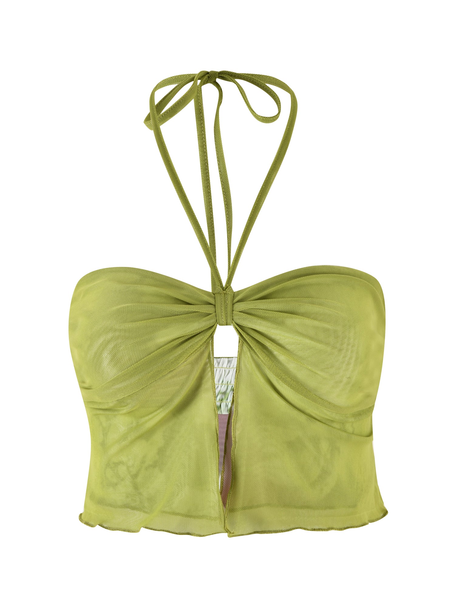The WAVERLY TOP - GREEN : FLORAL : STRIPE by TIGERMIST is a green, sheer halter top featuring a keyhole cutout below the bust and ruched detailing at the center. Made from stretchy fabric, it boasts spaghetti straps that tie around the neck and has a crop length hemline.