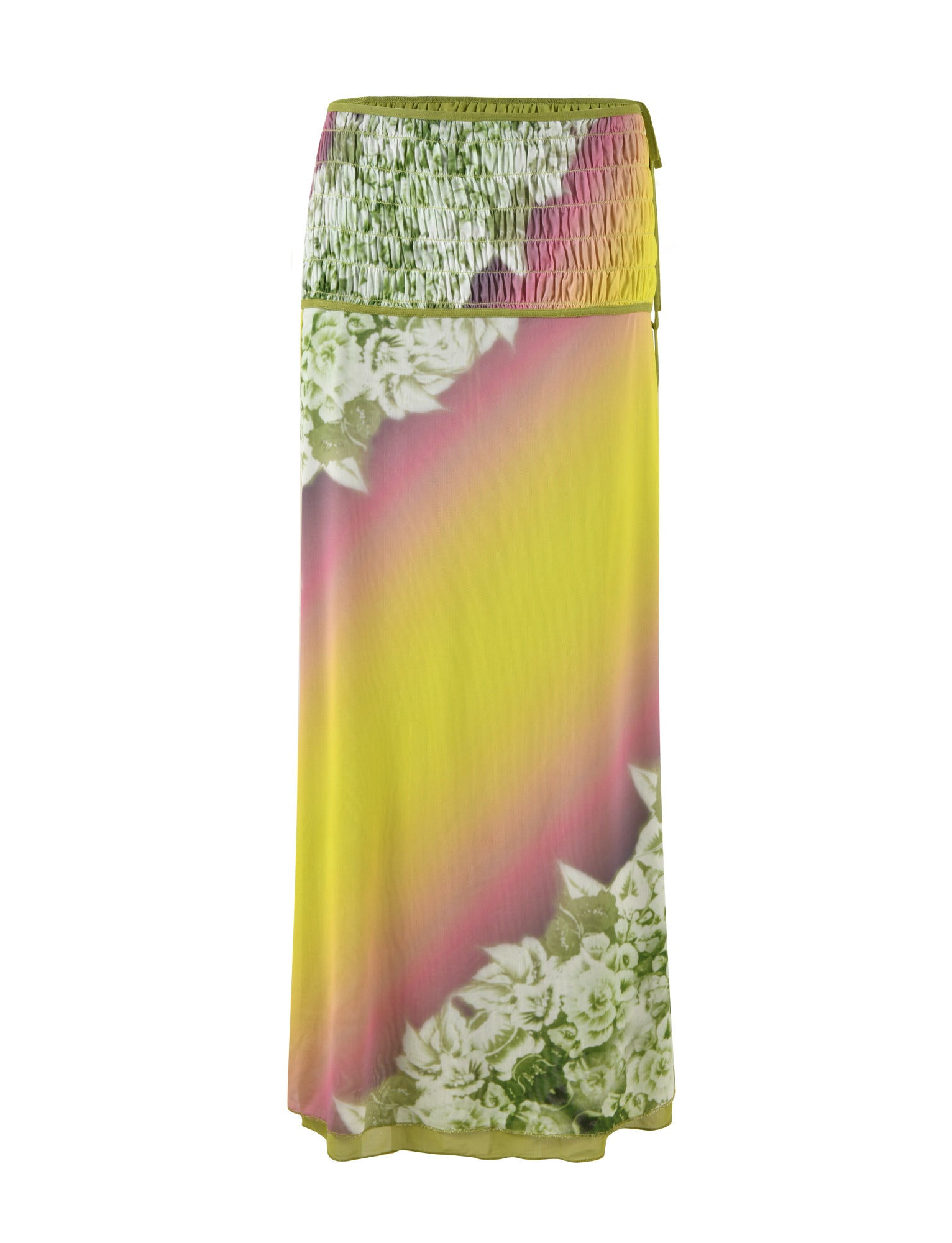 The WAVERLY SKIRT from TIGERMIST, in a stunning green floral stripe design, is a long and colorful piece with a beautiful gradient blend of yellow and pink hues. It features an elastic, ruched waist adorned with intricate green floral patterns at the top and bottom edges. Made from lightweight mesh fabric, it boasts a flowy elegance that makes it perfect for any occasion.