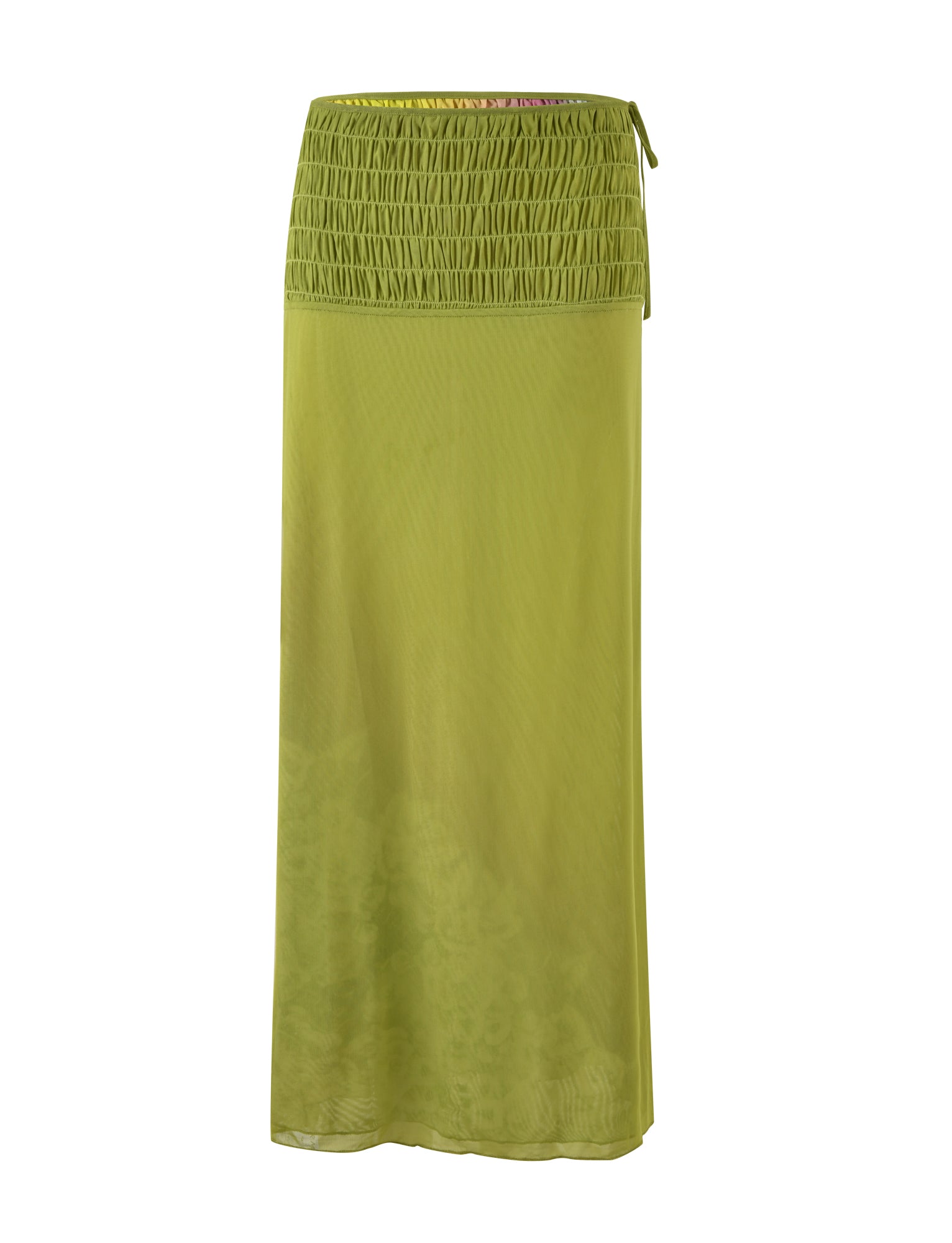 Introducing the WAVERLY SKIRT - GREEN : FLORAL : STRIPE by TIGERMIST, a long, light green skirt featuring a smocked waistband and sheer mesh fabric that extends down to the ankles. This flowy and airy skirt boasts a simple yet elegant design, making it ideal for both casual and dressy occasions.
