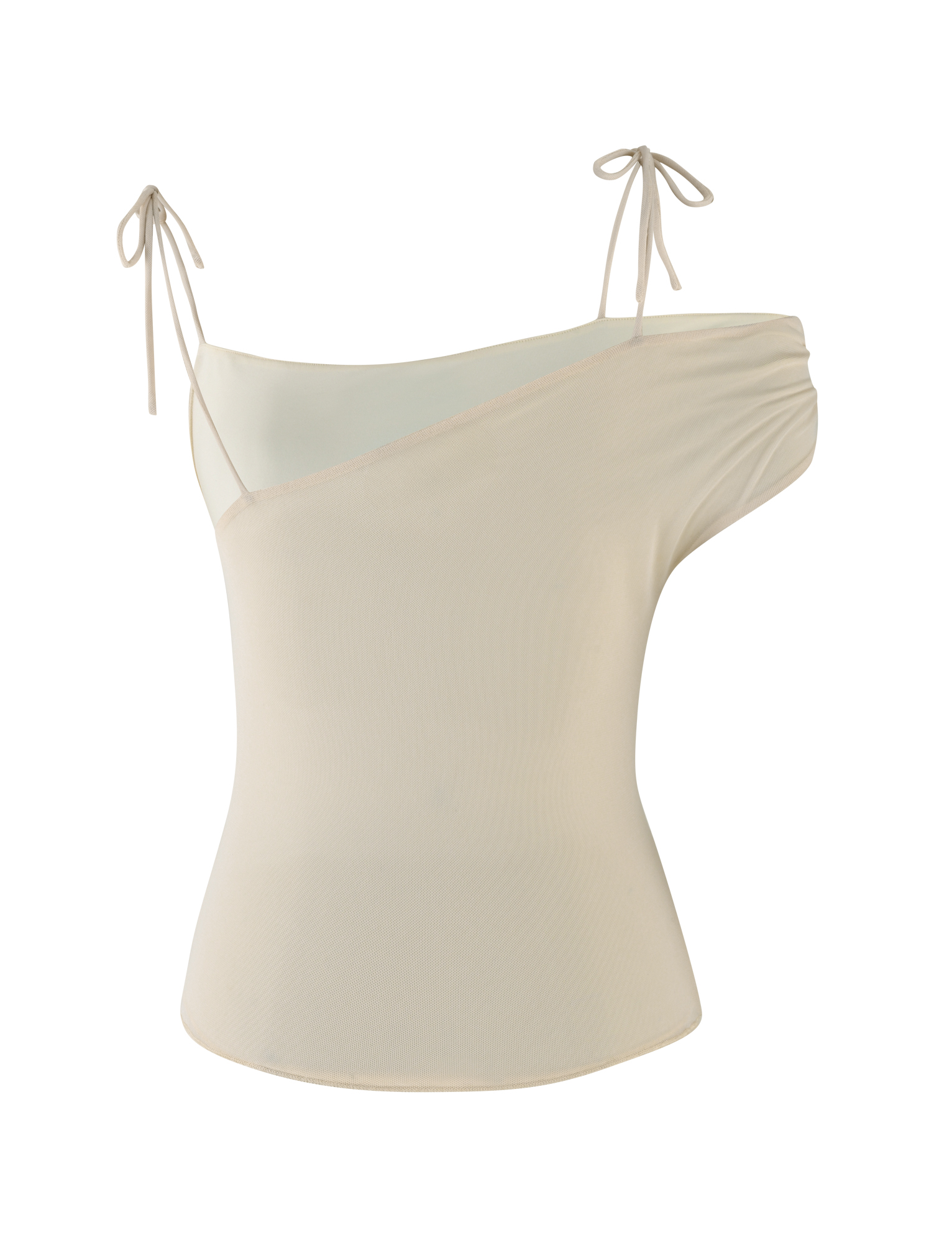 The TIGERMIST LILLIAN TOP in cream features an asymmetrical, sleeveless design with one shoulder strap and one off-shoulder side, both tied in bows. Its fitted, lightweight mesh fabric gives a modern and breezy feel.