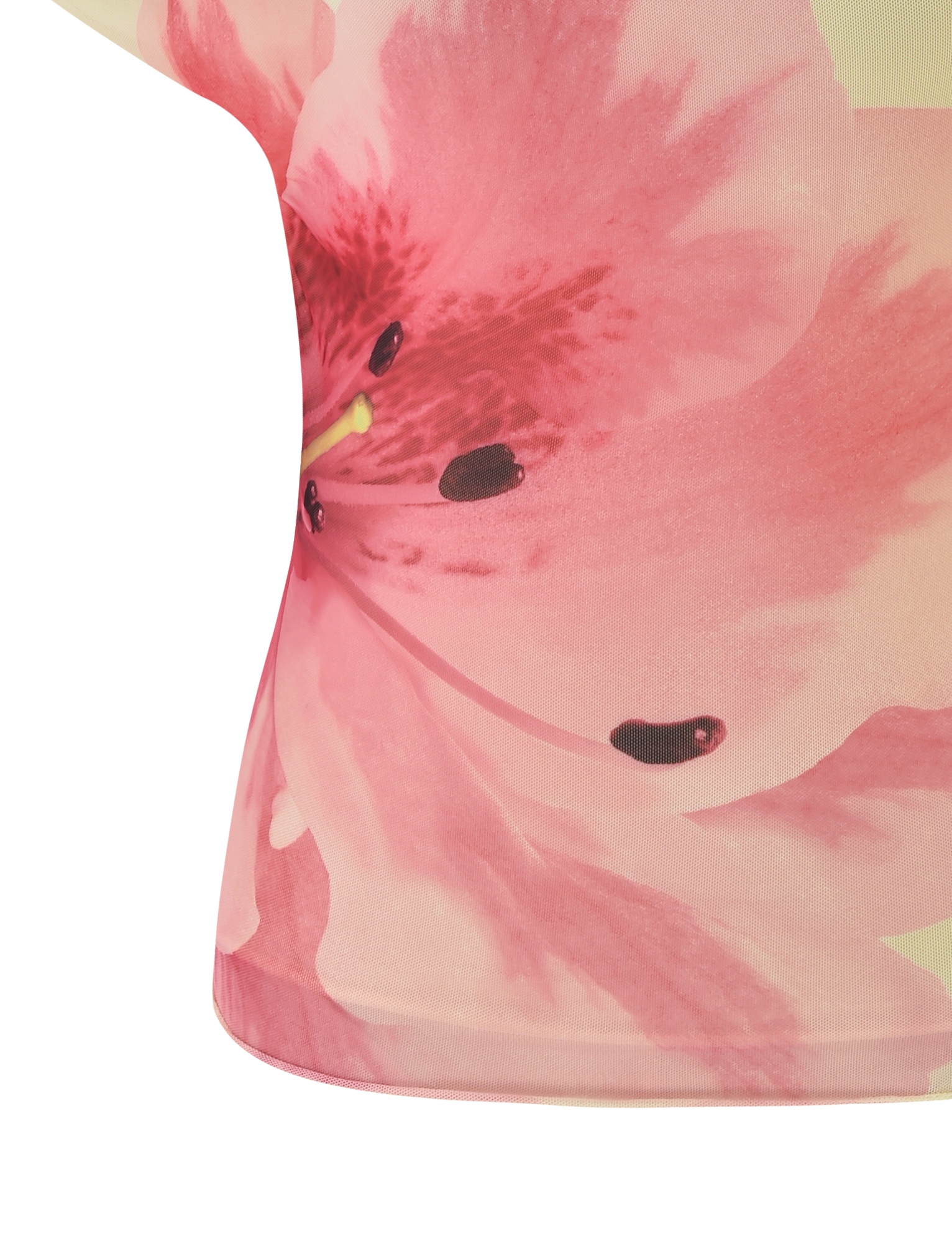A close-up of the TIGERMIST LILLIAN TOP - YELLOW shows its off-shoulder style and large, detailed floral pattern with dark pink and yellow accents, highlighting the side and front of the shirt.