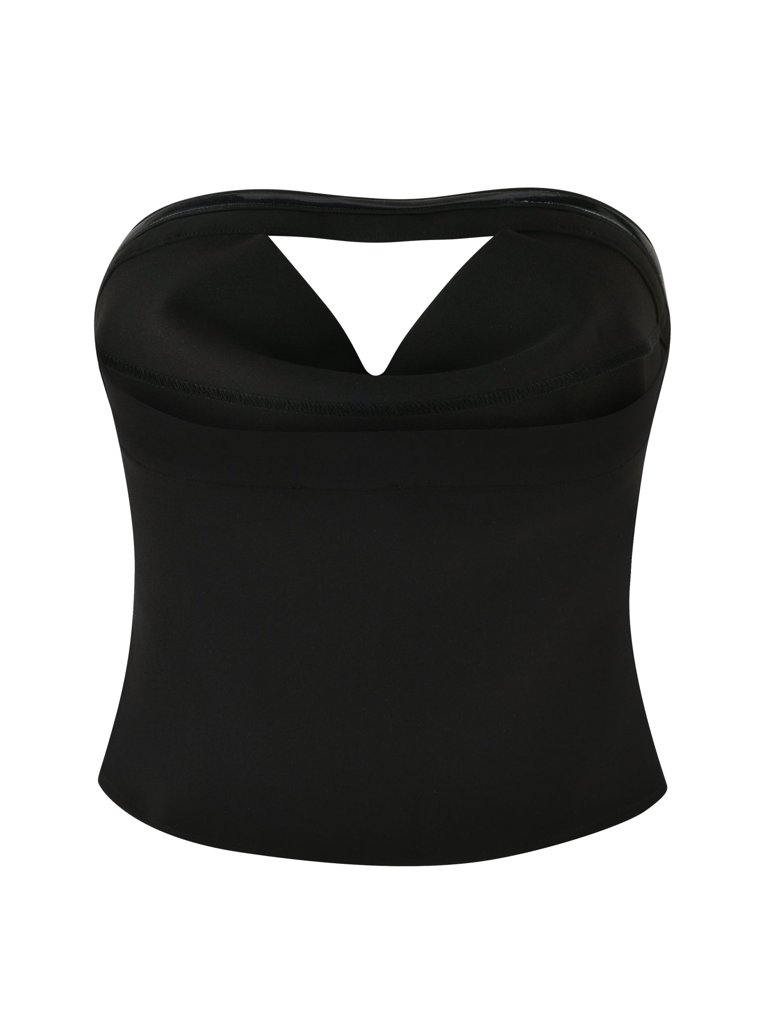 The AUDRIE TOP - BLACK by TIGERMIST is a sleek strapless piece featuring a distinctive V-neck cutout design and a mid-length fit. Crafted from smooth and stretchy fabric for a tailored, fitted look, this minimalist top combines style and versatility, making it ideal for various occasions.