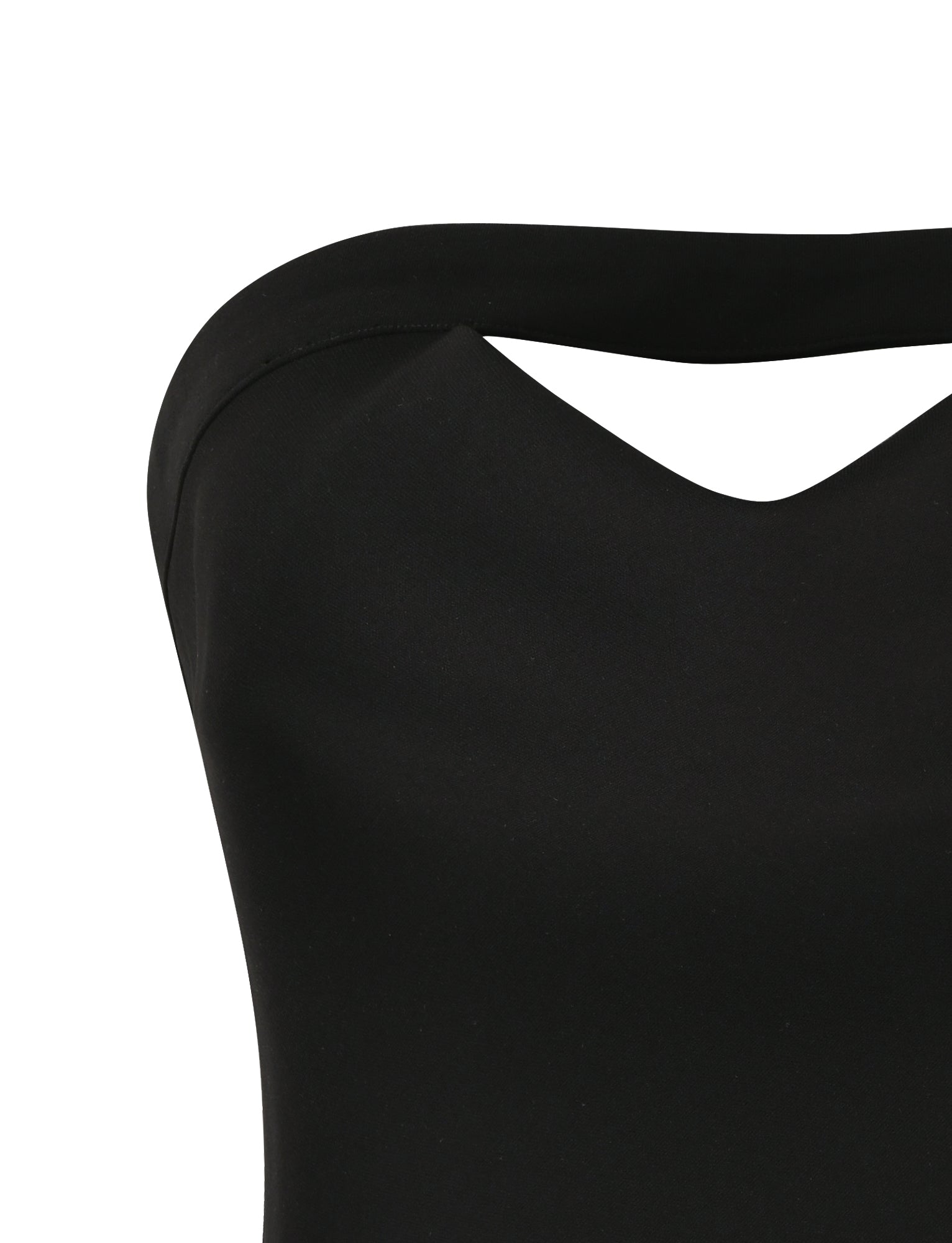 Close-up of the AUDRIE TOP - BLACK by TIGERMIST, featuring an off-shoulder design with a slight sweetheart neckline and a thin asymmetric strap. The smooth, slightly stretchy fabric creates a sleek and elegant look, making it ideal for pairing with mid-length outfits.