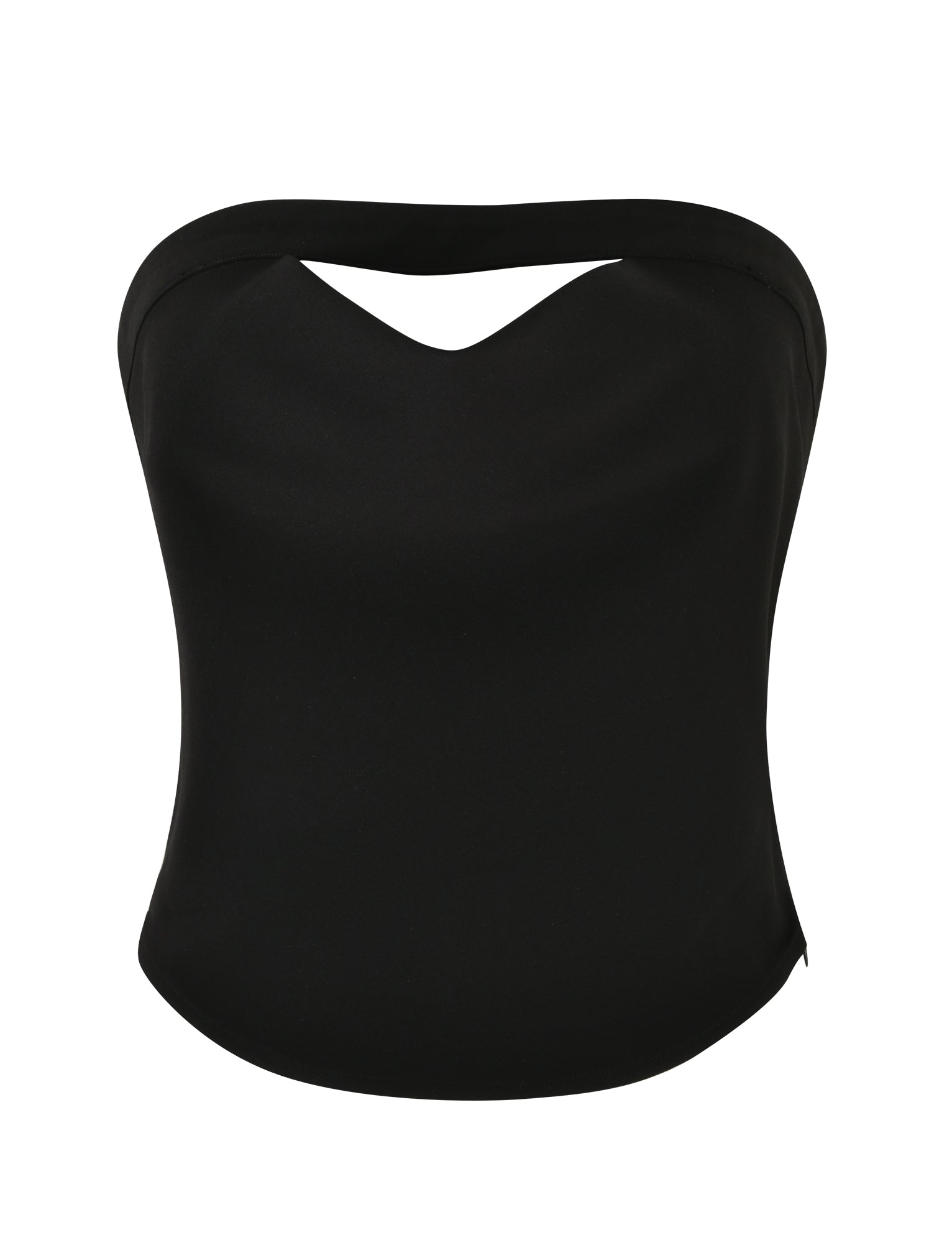 The AUDRIE TOP - BLACK by TIGERMIST is a chic and elegant black, mid-length top featuring a strapless sweetheart neckline on a plain white background. Its smooth fabric and sleek design exude sophistication.