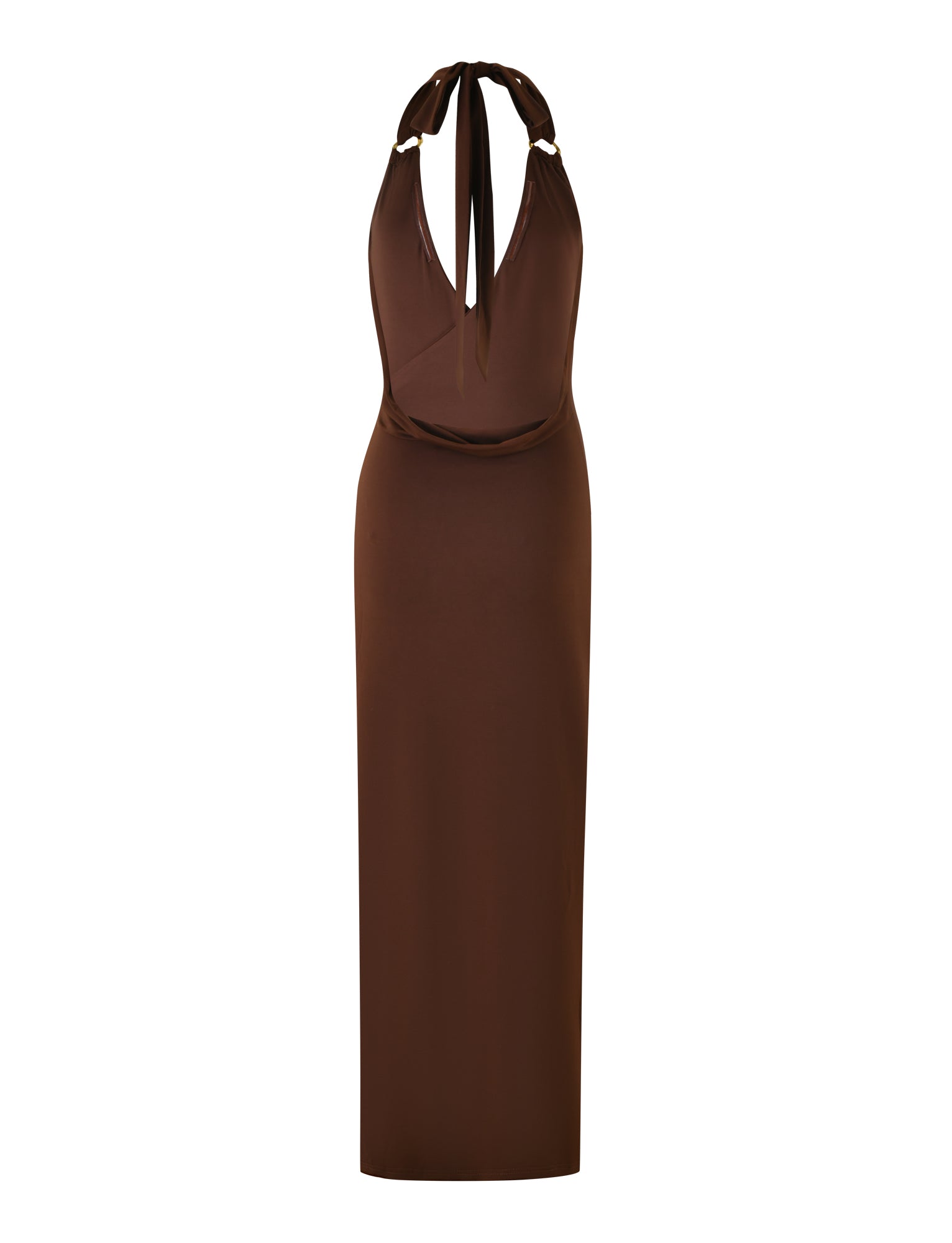 The MYLES DRESS - BROWN : CHOCOLATE by TIGERMIST is a chocolate brown maxi dress featuring a deep V neckline and halter straps that tie at the neck. The fitted waist accentuates the straight, floor-length skirt, creating a flattering silhouette. Gold o-ring details add an elegant touch to its smooth and slightly stretchy fabric.