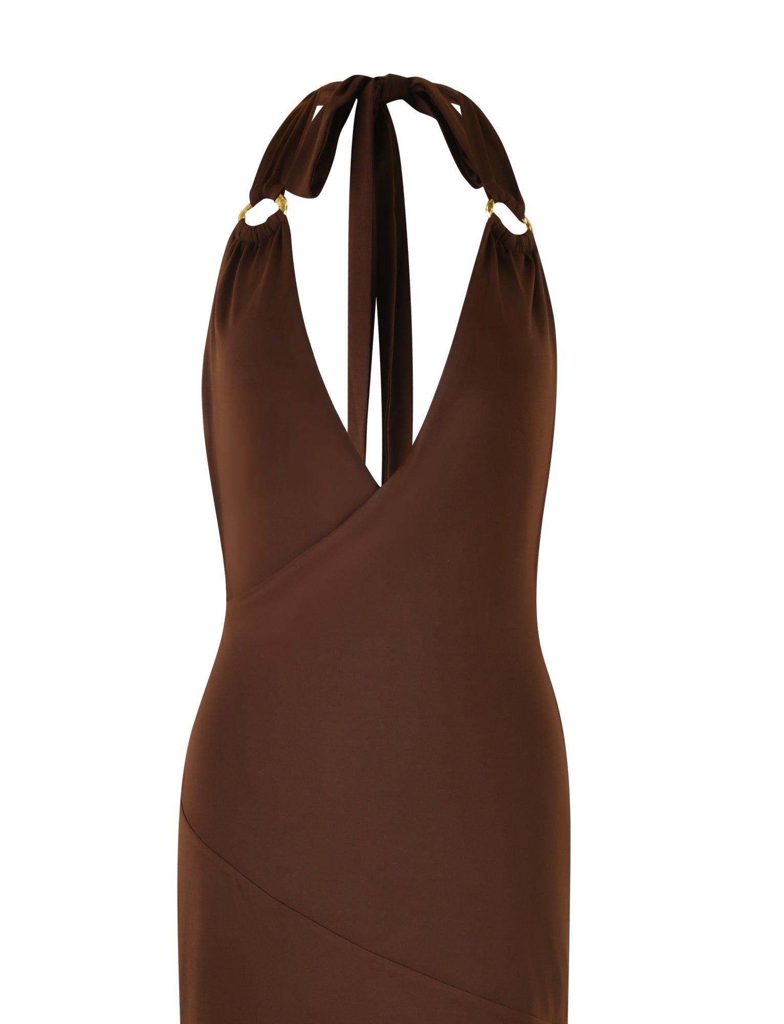 The MYLES DRESS - BROWN : CHOCOLATE by TIGERMIST is a stunning chocolate brown maxi dress featuring a sleeveless halter-neck design and plunging V-neckline adorned with gold o-ring details at the straps. This dress boasts a wrap-style bodice and a fitted silhouette, perfect for making a statement.