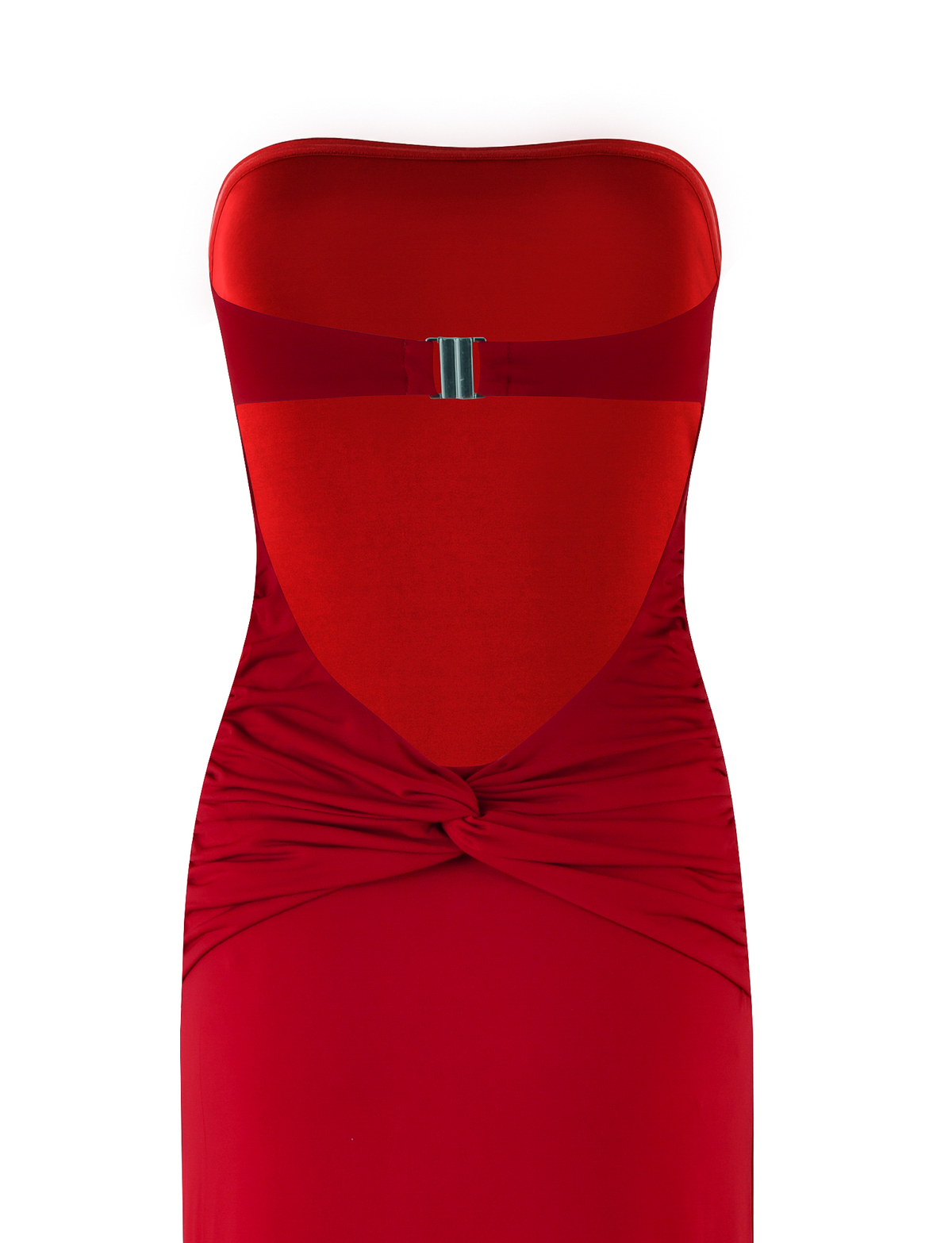The DANIELA DRESS - RED by TIGERMIST is a strapless jersey dress with a sweetheart neckline, silver chest buckle, and twisted waist knot detail.