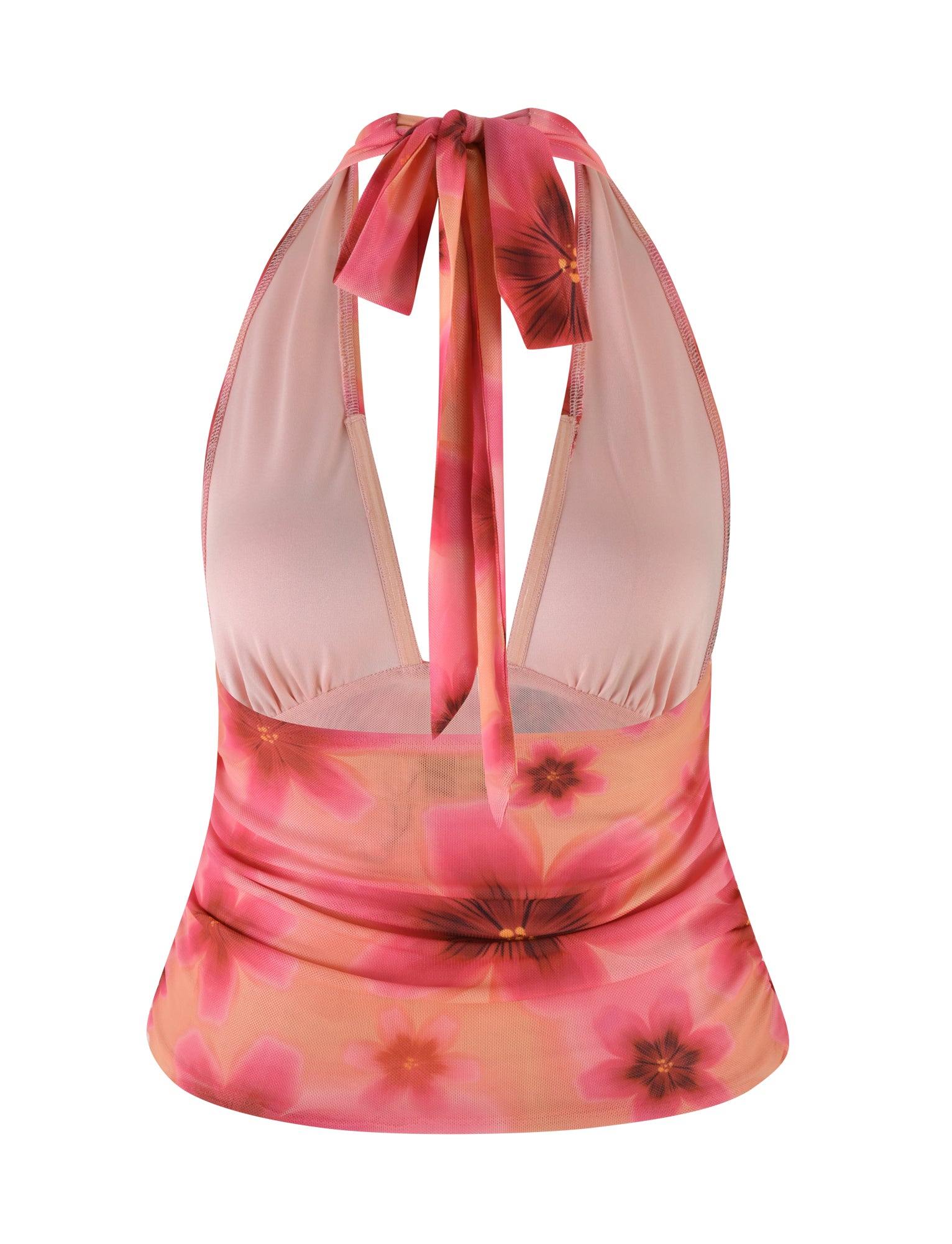 The FRANCIS TOP - MULTI : OMBRE : FLORAL by TIGERMIST features a vibrant pink and orange floral print. This halter-neck top ties at the back and showcases a summery design with a low-cut V neckline, fitted waist, and bodycon fit for a flattering silhouette. The mesh fabric adds an extra touch of elegance to this must-have wardrobe piece.
