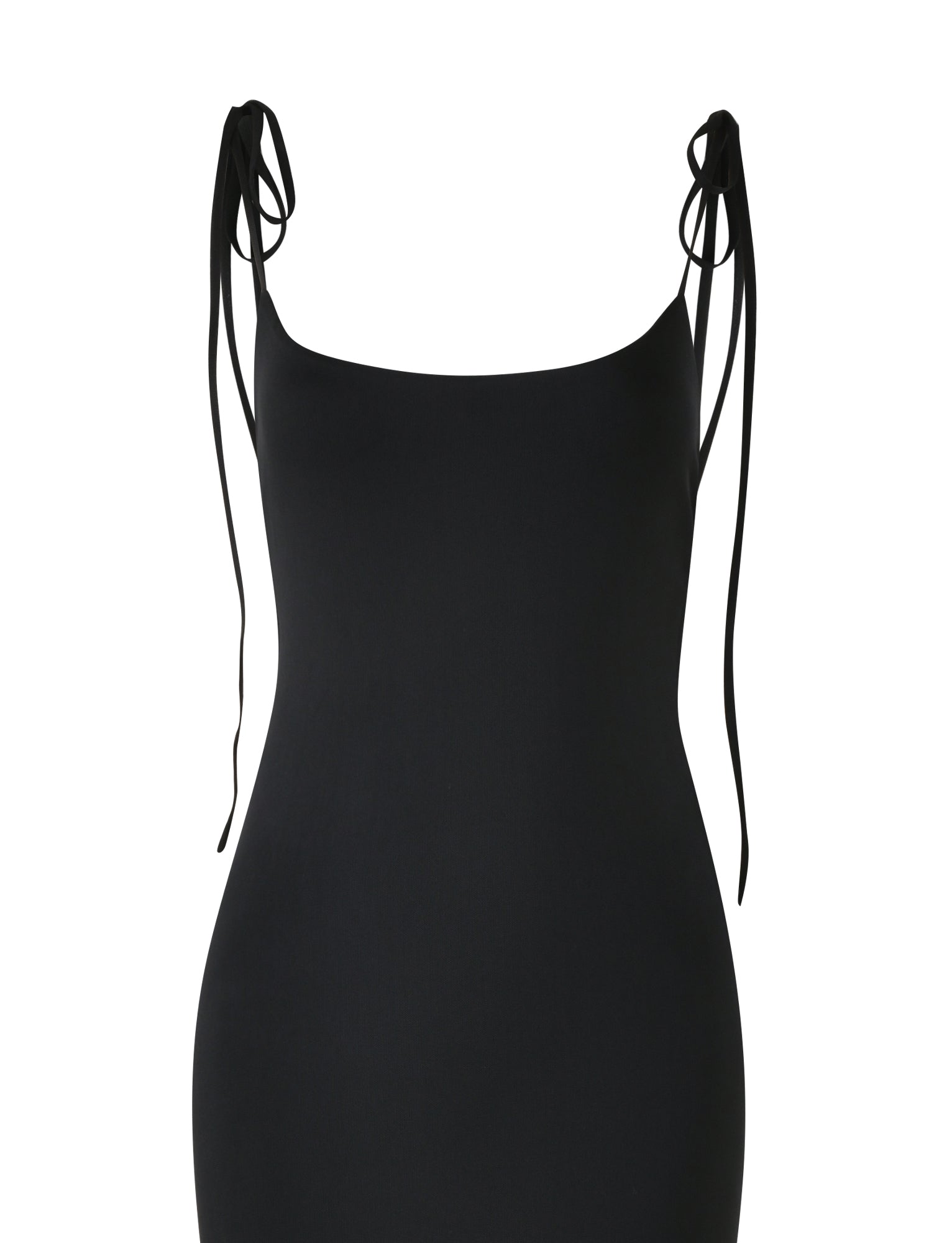 The CYRIL DRESS - BLACK by TIGERMIST is an elegant, sleeveless piece with adjustable spaghetti straps tied into bows at the shoulders. It features a fitted silhouette and a simple, classic design.