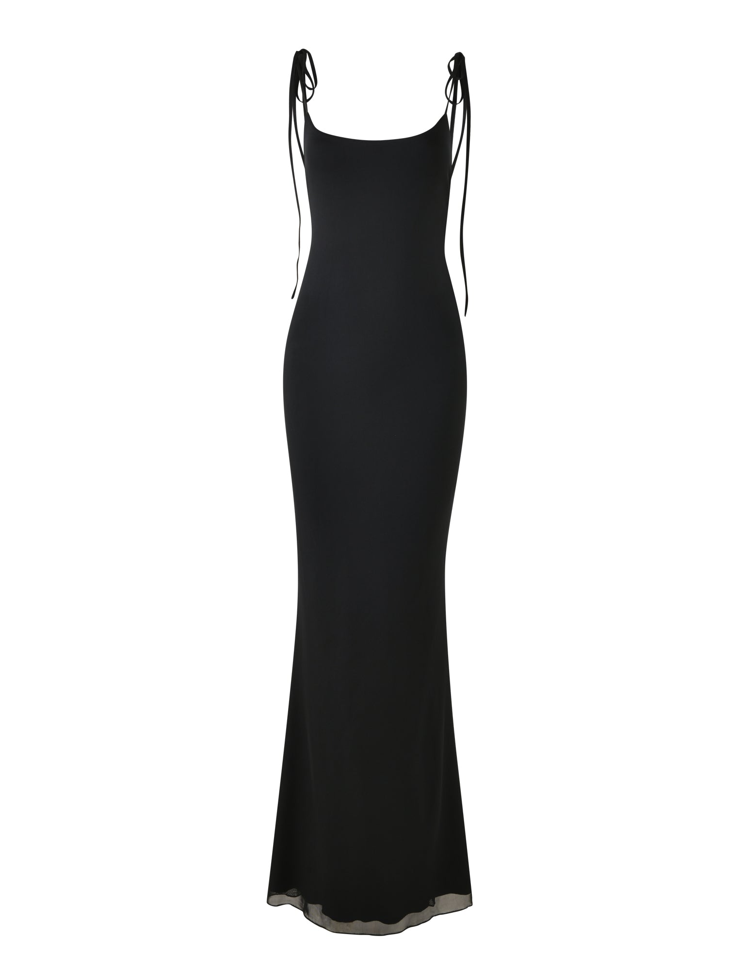 The CYRIL DRESS - BLACK by TIGERMIST is a long, elegant dress with adjustable shoulder straps tied into bows. It features a form-fitting design that flares slightly at the bottom, creating a graceful silhouette. Displayed on a white background, it emphasizes the simplicity and sophistication of its black colourway.