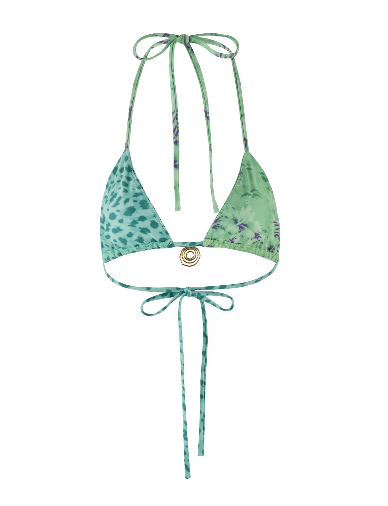 The AUTUMN BIKINI TOP - GREEN: FLORAL: ANIMAL from TIGERMIST is a green tie-dye triangle bikini top featuring adjustable tie straps at the neck and back. It includes a small gold circular embellishment at the center between the cups, complemented by an adjustable underbust strap. The fabric showcases a pattern of various shades of green.