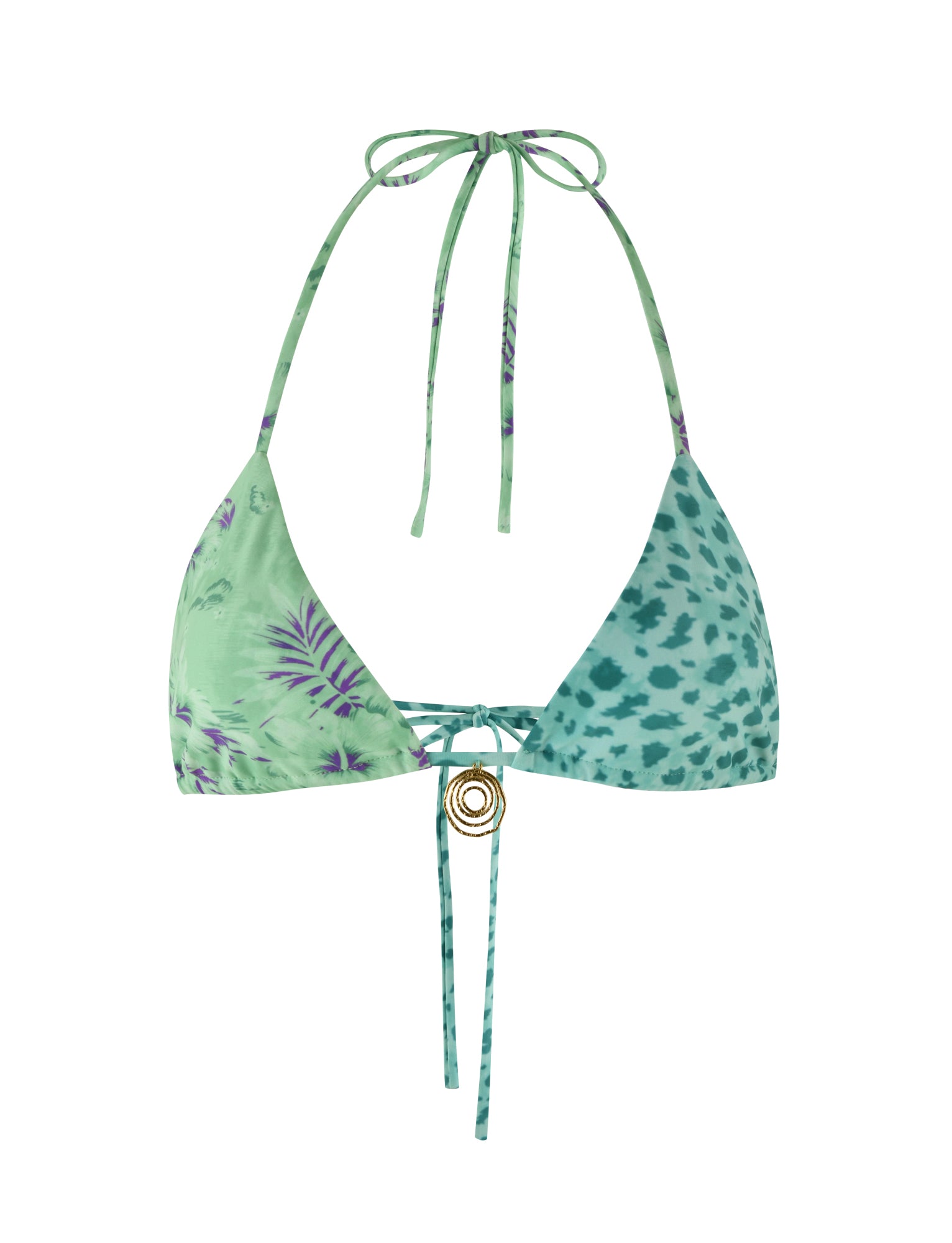 The AUTUMN BIKINI TOP from TIGERMIST blends tropical foliage and abstract spotted patterns in a green triangle design. This halter neck top boasts a front tie with a decorative gold ring at the center and comes with an adjustable underbust strap for the perfect fit.
