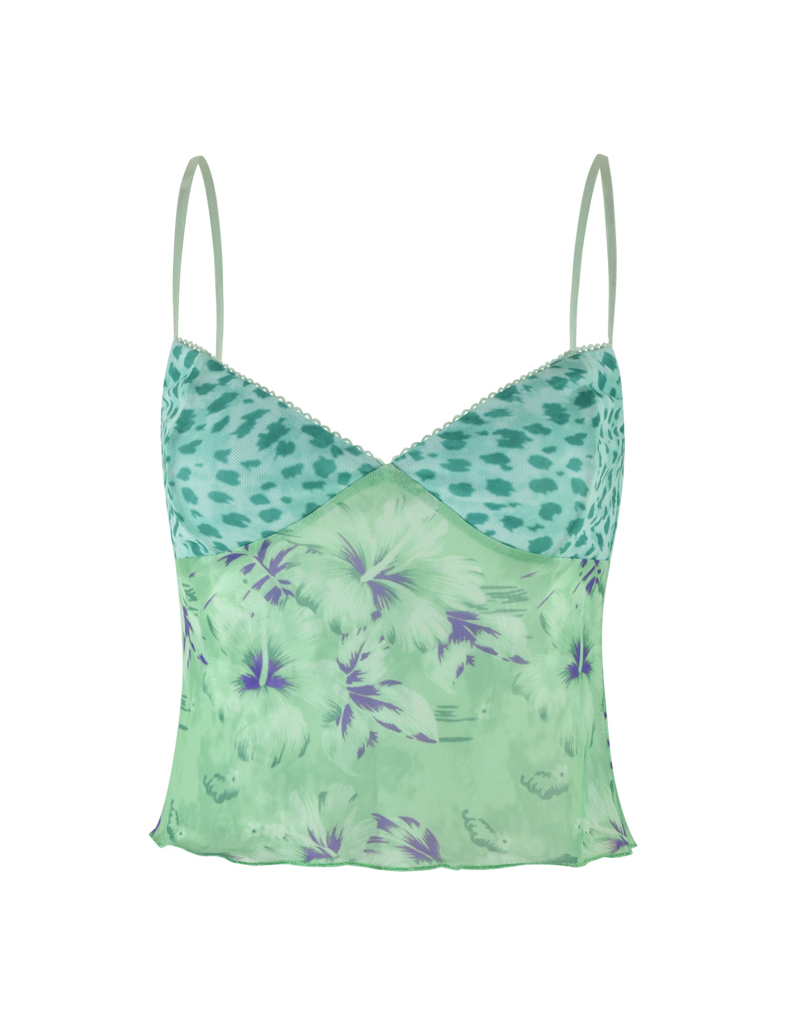 The SAIGE TOP - GREEN : FLORAL : ANIMAL by TIGERMIST is a green and teal camisole with thin, elastic adjustable straps. It features a vibrant pattern with leopard spots on the top half and large floral designs on the bottom half. The garment has a soft and flowy appearance, making it suitable for casual wear or sleepwear.