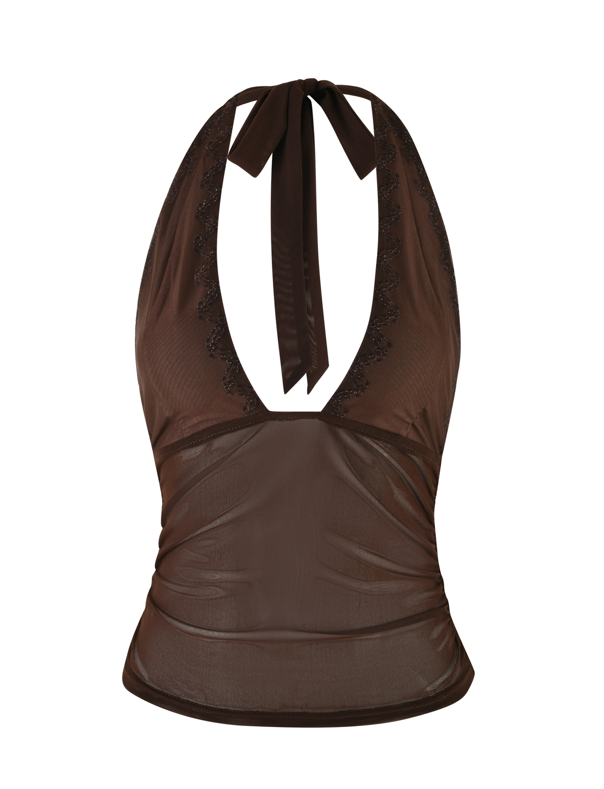 The TIGERMIST BRESILY TOP - BROWN : CHOCOLATE is a sleeveless sheer mesh halter with a deep V-neckline, lace trim, neck tie, and fitted silhouette in lightweight see-through fabric.