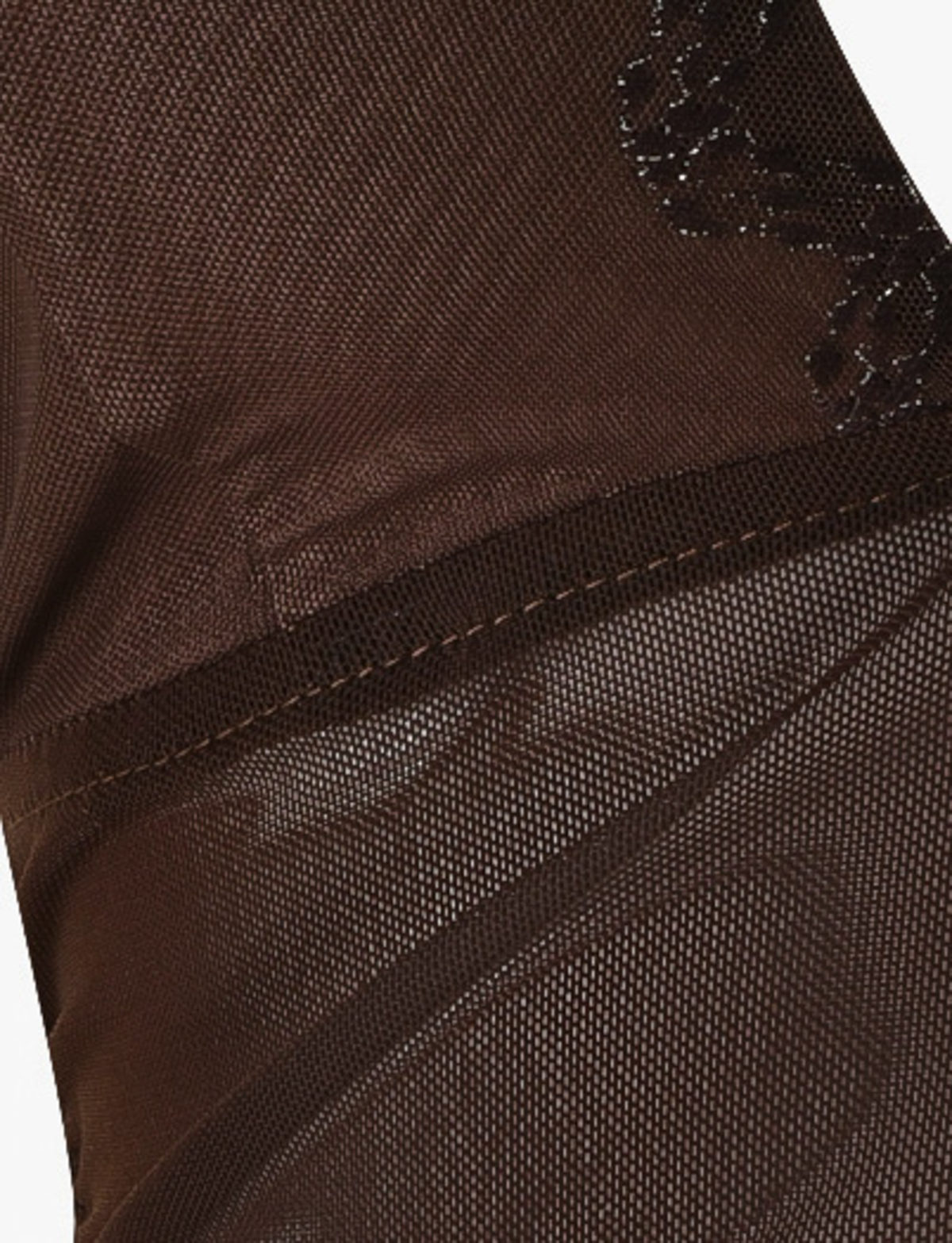 Close-up of the TIGERMIST BRESILY TOP - BROWN : CHOCOLATE features dark brown mesh with visible stitching and a subtle sheen, showcasing overlapping layers and textured patterns similar to a halter top.