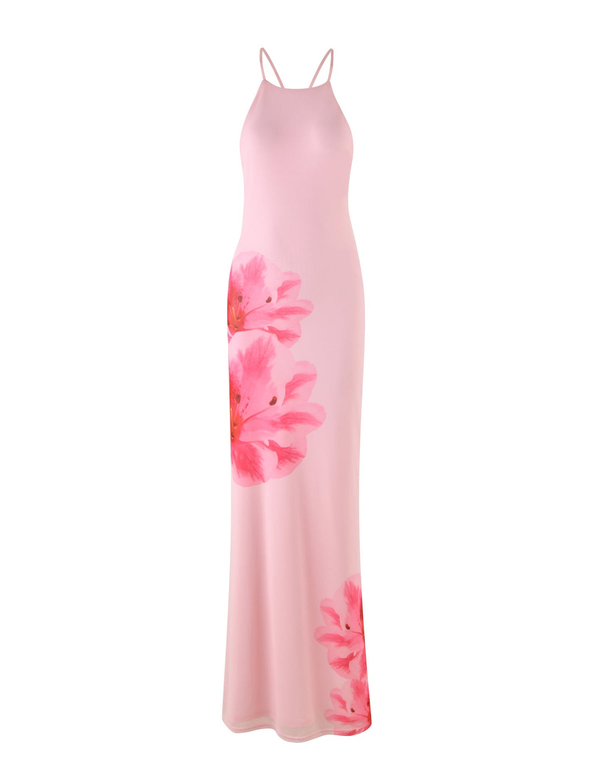 Introducing the KARTER DRESS - PINK : BABY PINK by TIGERMIST: A stunning long, sleeveless maxi dress with delicate spaghetti straps. It showcases large, vibrant floral patterns strategically placed on the left side and near the bottom hem. The dress features a fitted top and a flowing skirt, crafted from lightweight mesh fabric for an effortlessly airy feel.