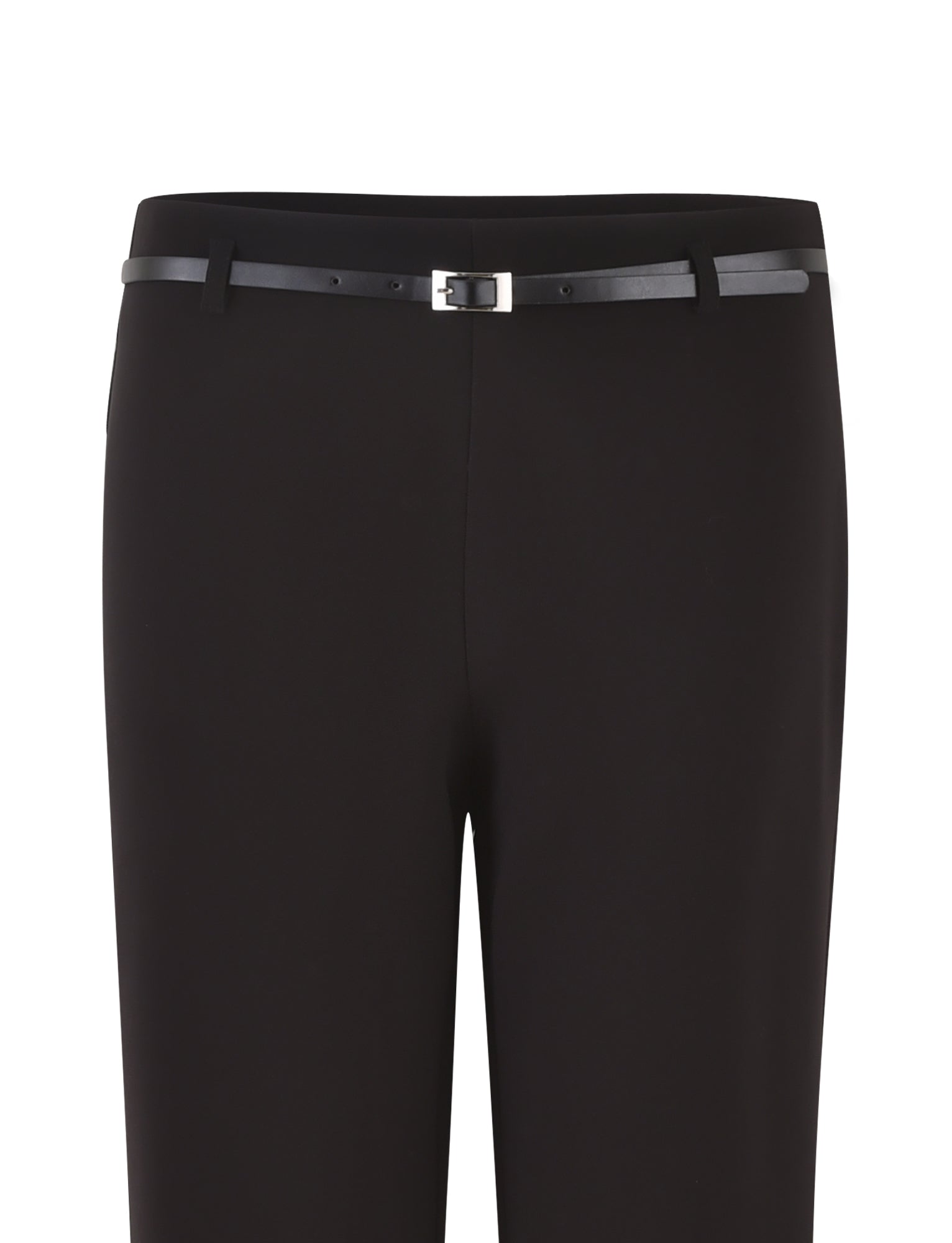 Close-up image of the TERLA PANT - BLACK by TIGERMIST, paired with a slender black belt that features a small, rectangular silver buckle. The trousers are made from smooth fabric and showcase a mid-rise waist with no other details or background visible in the image.